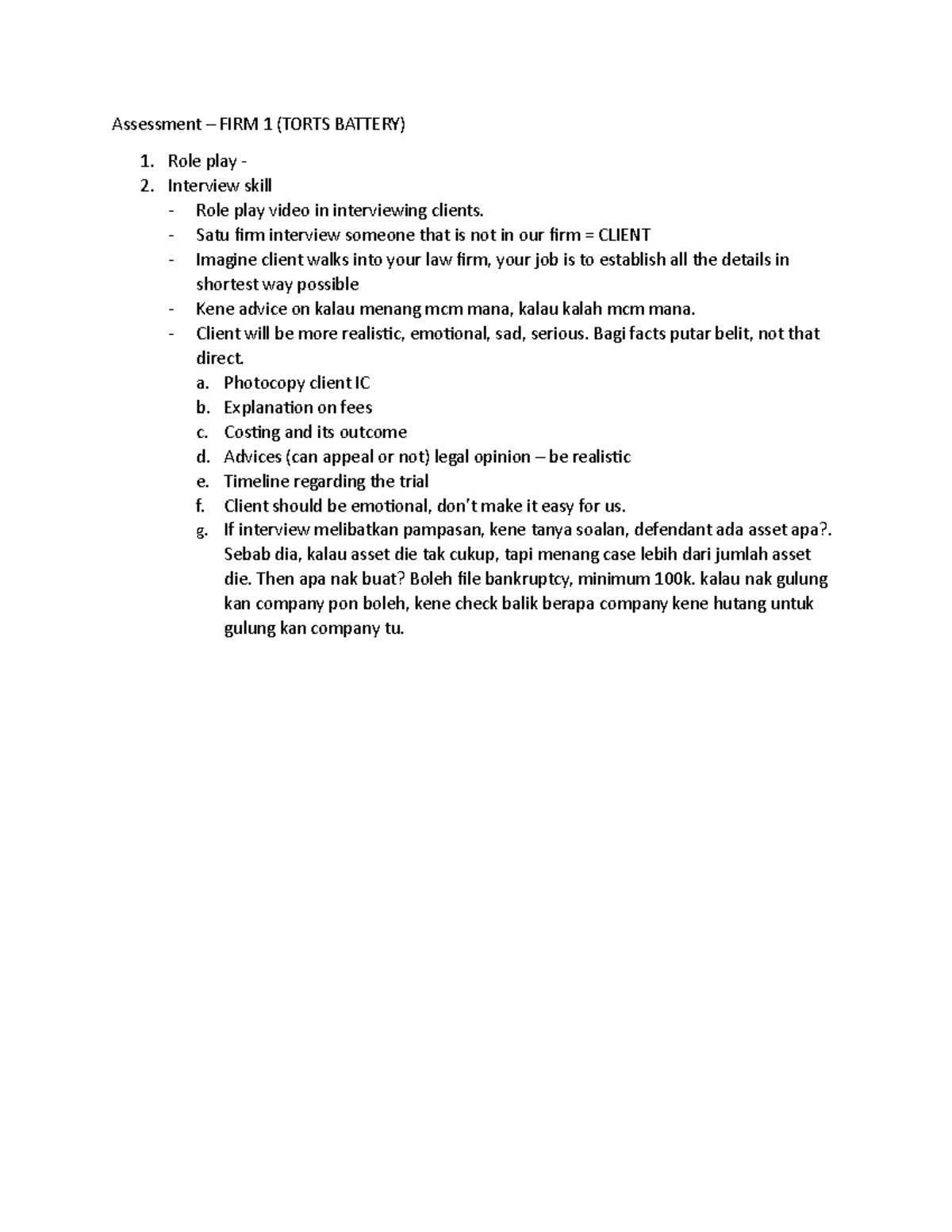 2. assesment interviewing skill Assessment FIRM 1 (TORTS BATTERY) 1