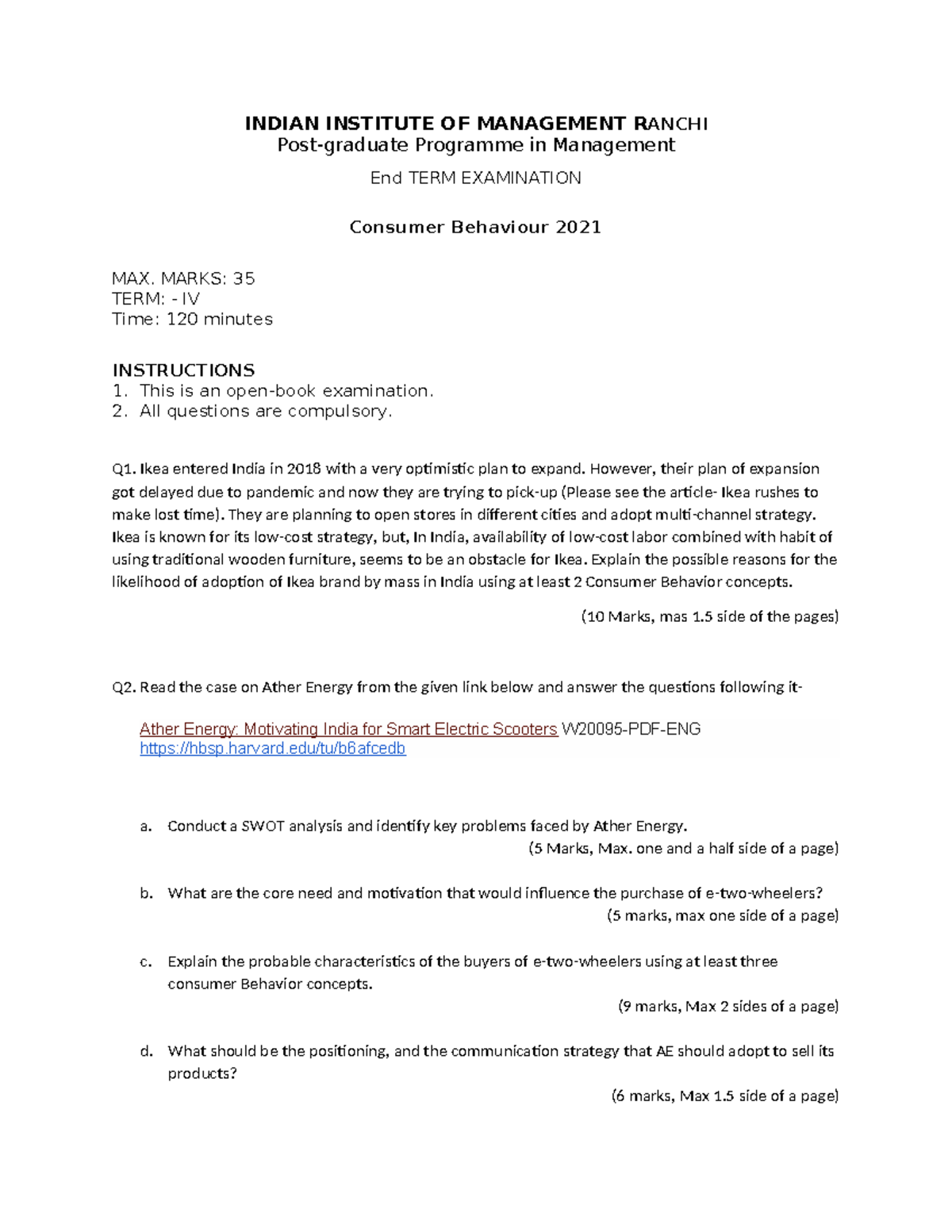 CB End Term Examination - INDIAN INSTITUTE OF MANAGEMENT RANCHI Post ...
