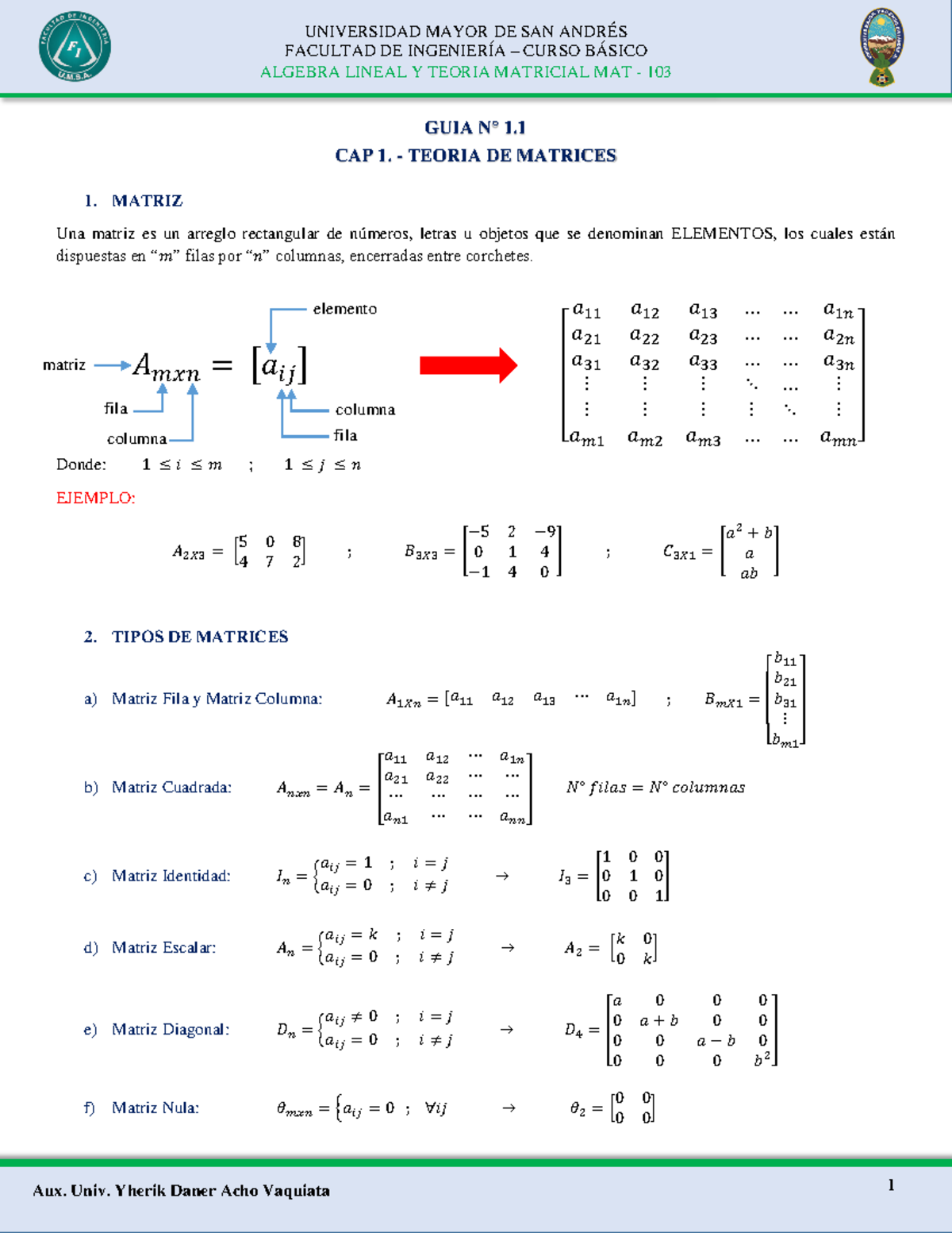 GUIA 1.1 Teoria DE Matrices - FACULTAD DE INGENIERÍA – CURSO BÁSICO ...