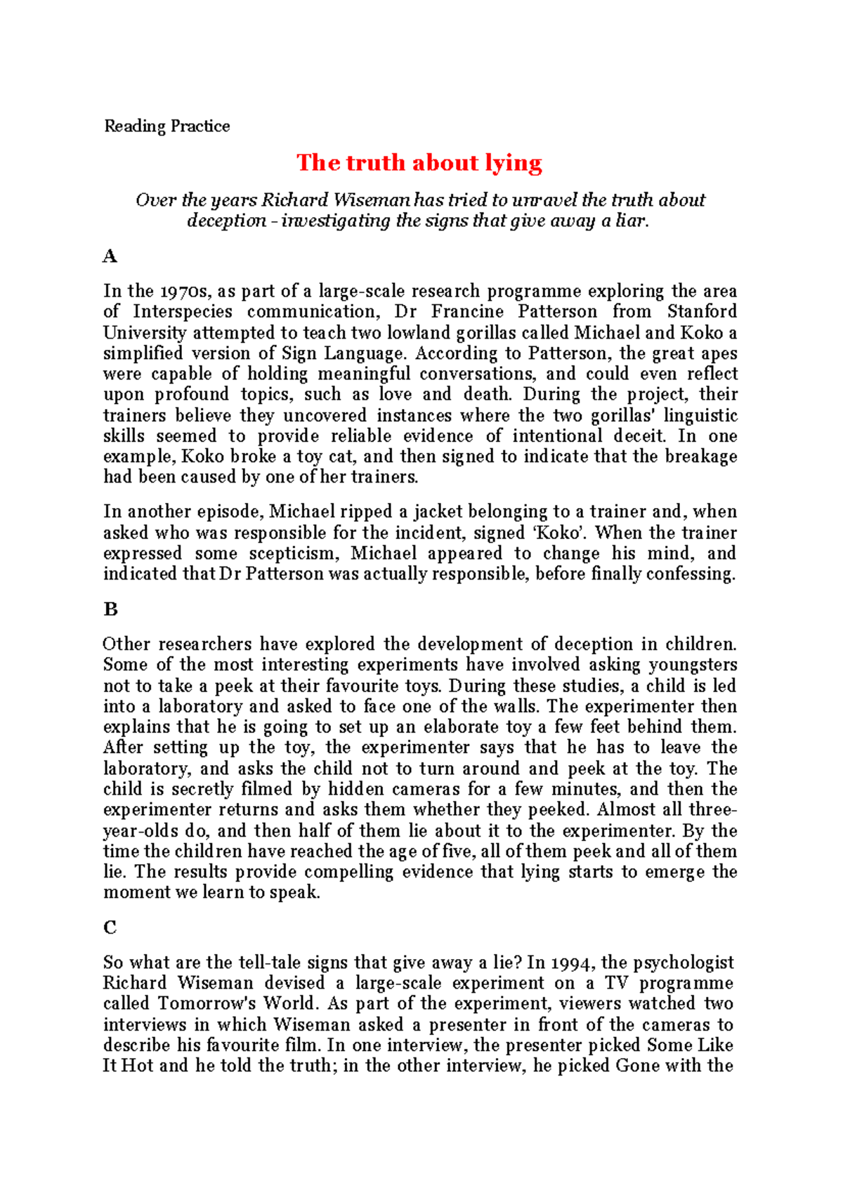 Reading Practice - …….. - Reading Practice The truth about lying Over