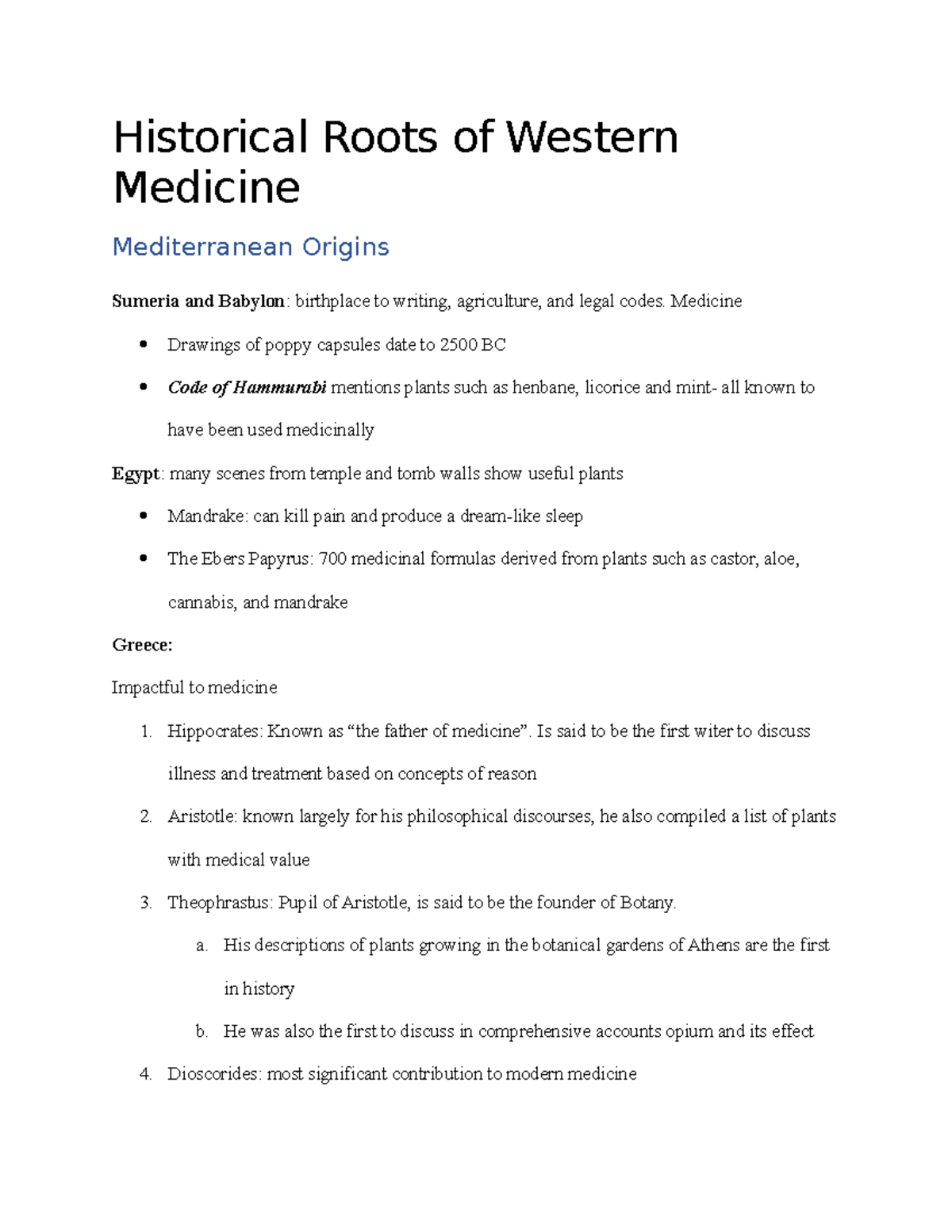 Historical Roots of Western Medicine Historical Roots of Western