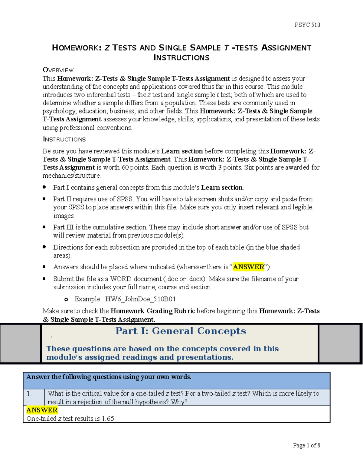 Homework Z Tests AND Single Sample T Tests Assignment - HOMEWORK: Z ...
