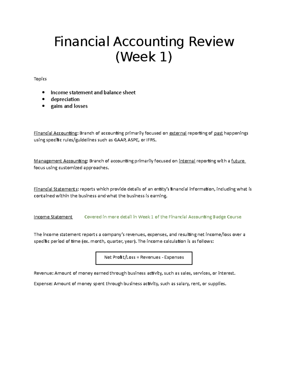 Accounting week 1 notes - Financial Accounting Review (Week 1) Topics ...