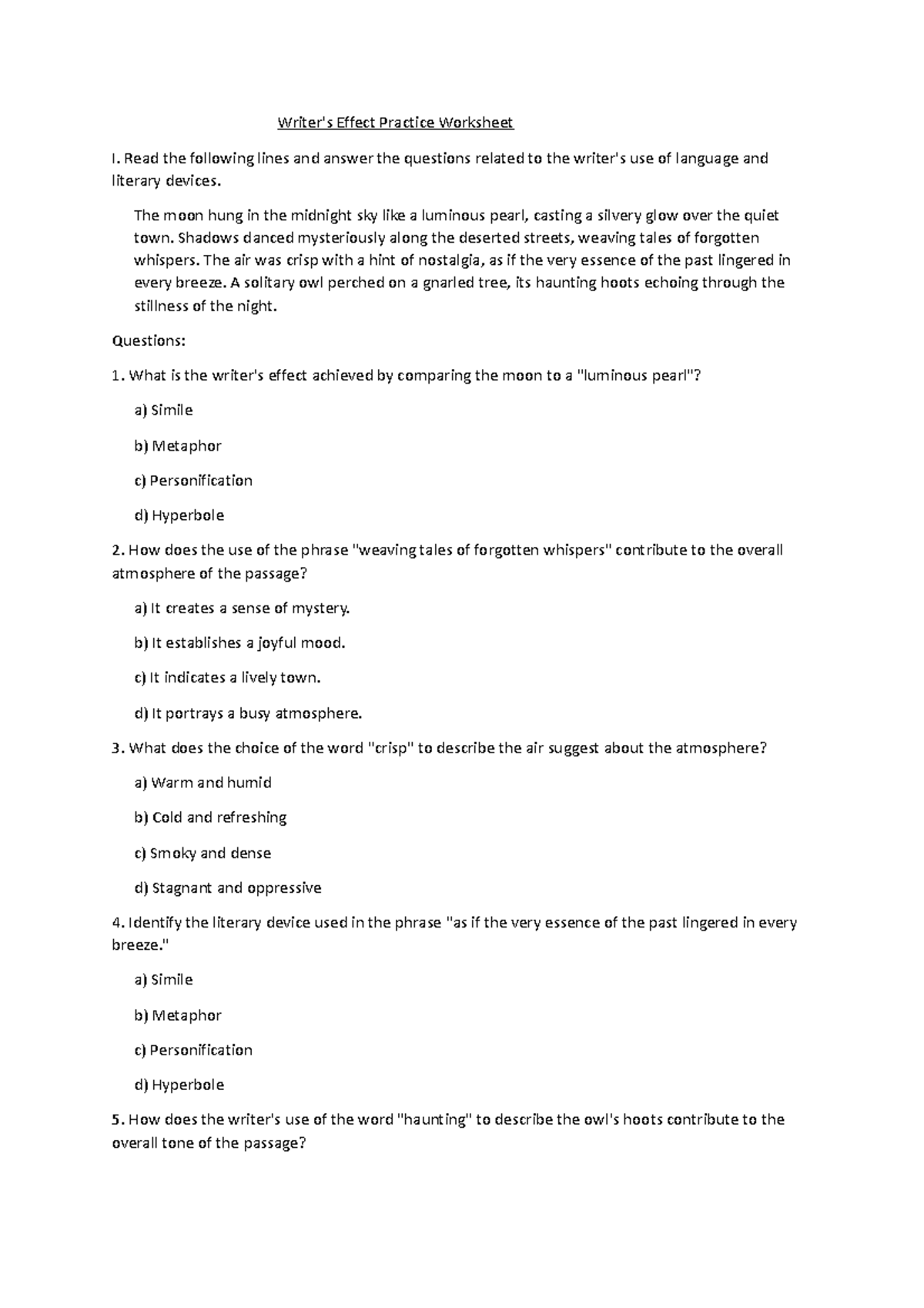 Writer's Effects Practice worksheet - Read the following lines and ...