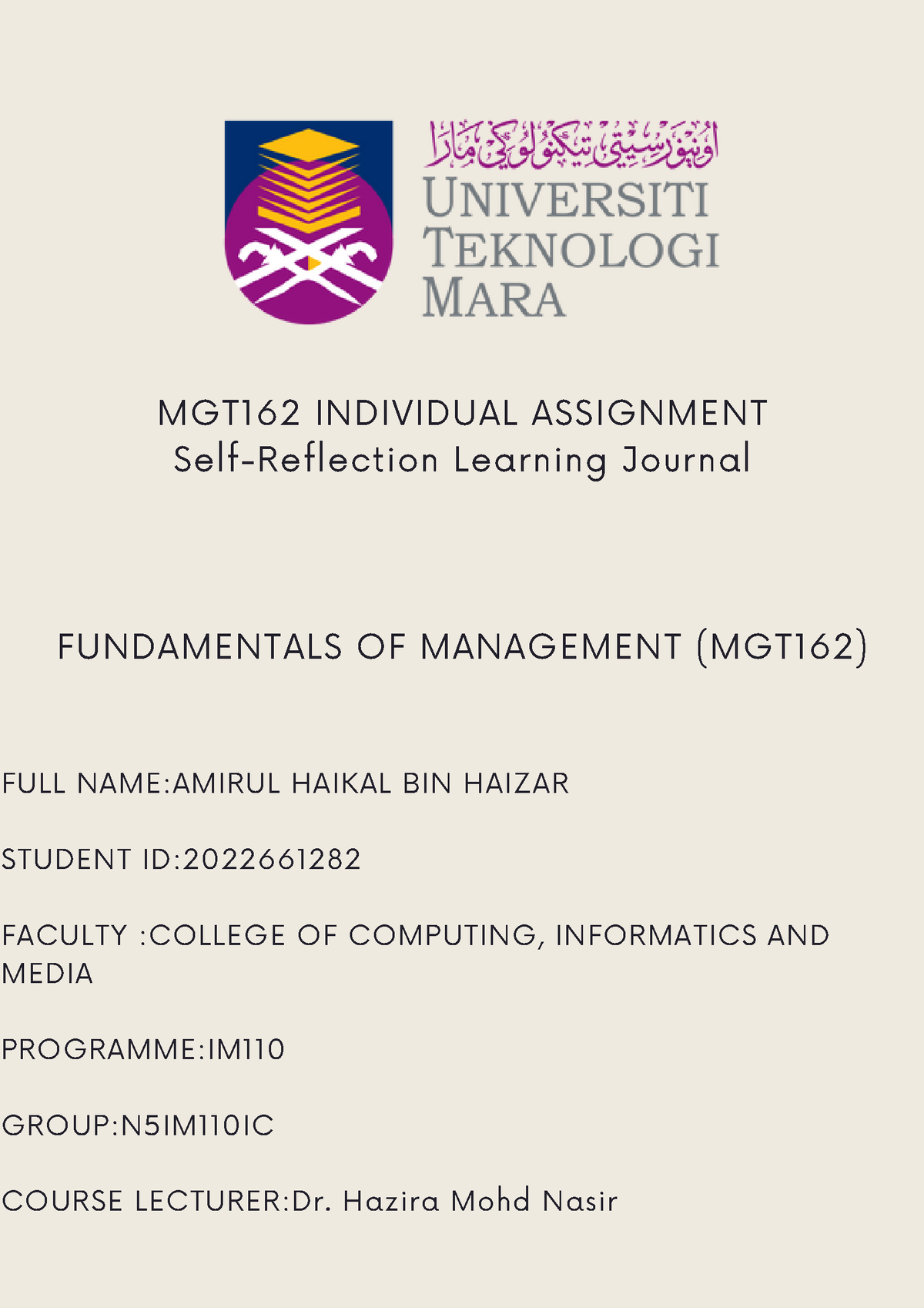 mgt 162 individual assignment self reflection journal