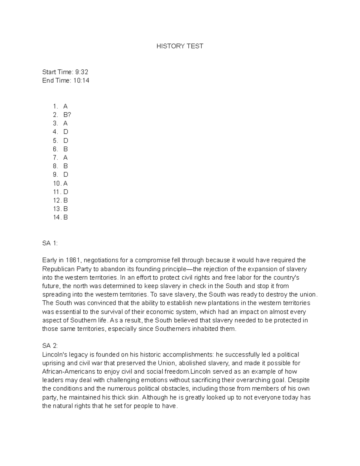 HIS 1301 Test History 1301 Test HISTORY TEST Start Time 9 End