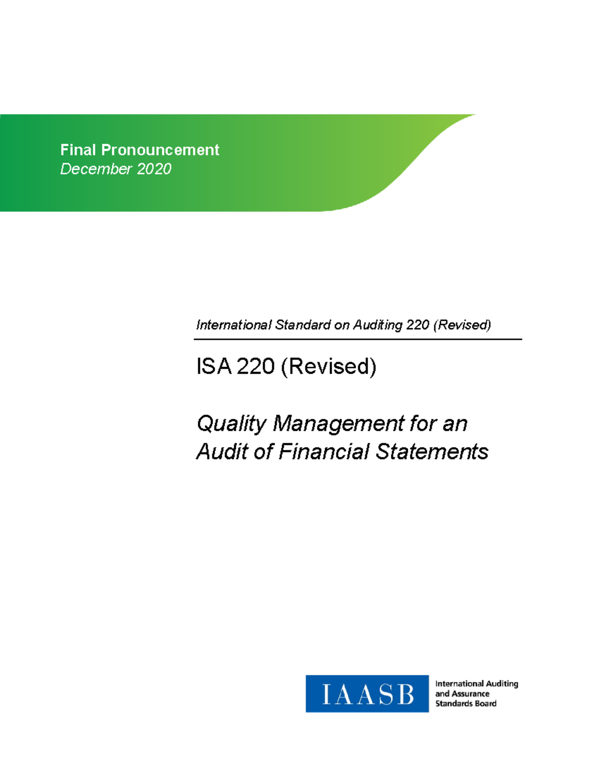 Iaasb International Standard Auditing 220 Revised - International ...