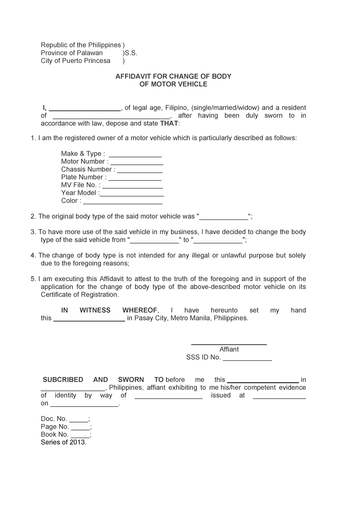 Affidavit For Change Of Body Type Of Motor Vehicle - Republic Of The 