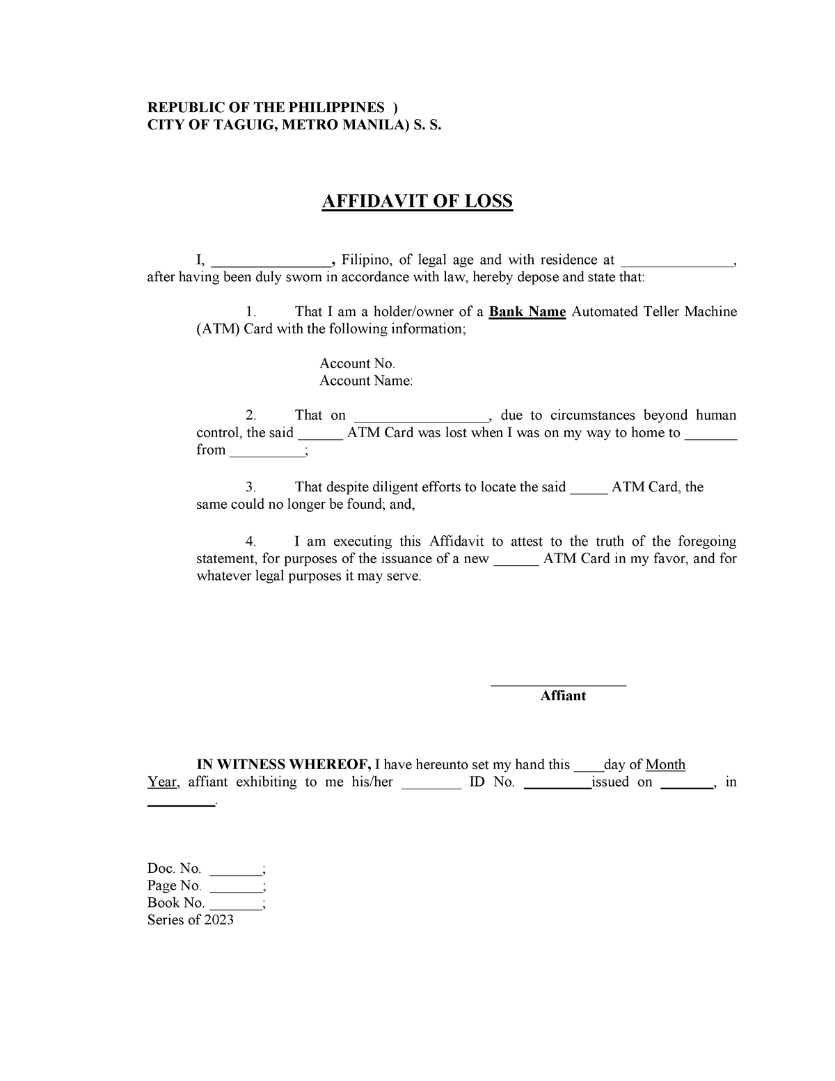 Affidavit of Loss - For Lost ATM Card - REPUBLIC OF THE PHILIPPINES ...