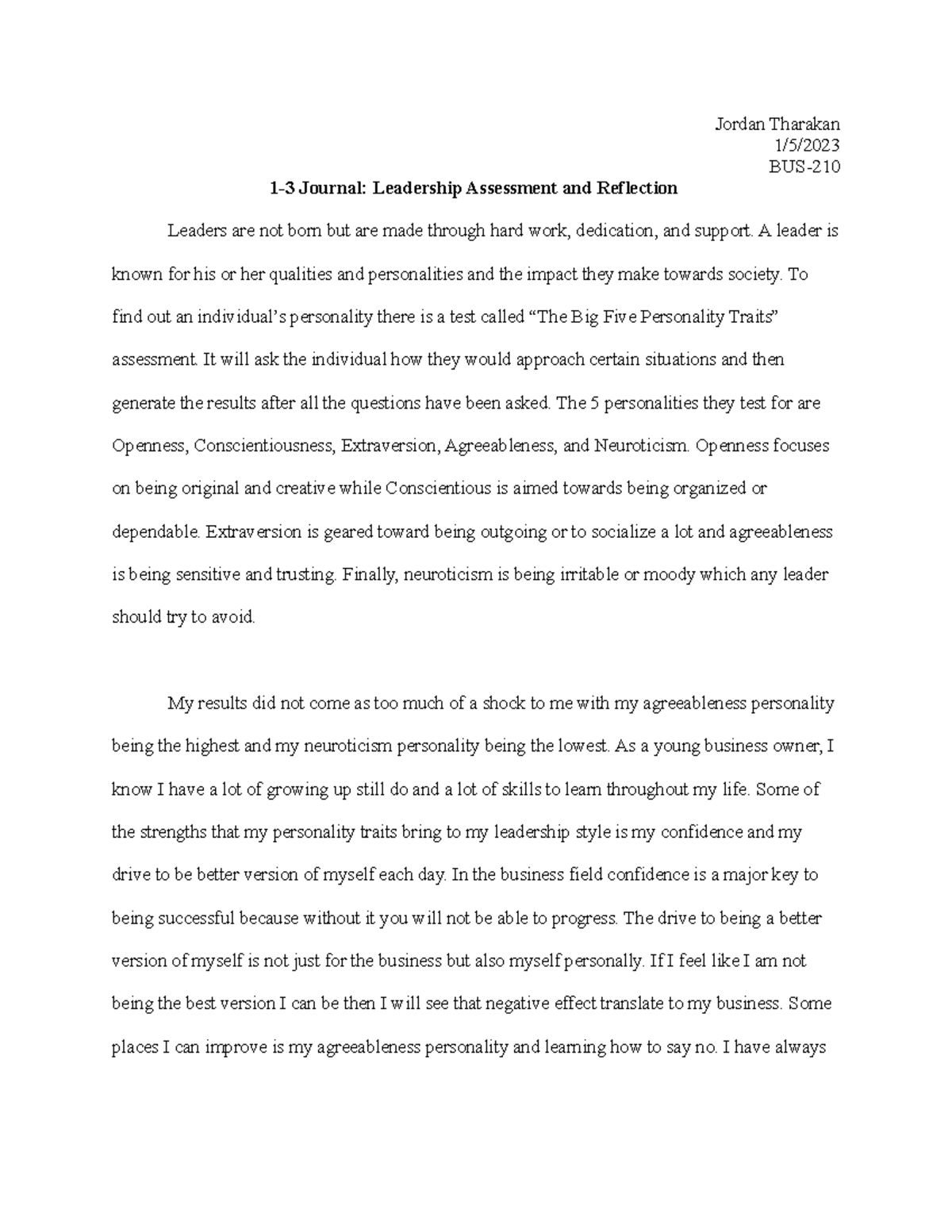 Journal 1-3 SNHU - Jordan Tharakan 1/5/ BUS- 1-3 Journal: Leadership Assessment and Reflection ...