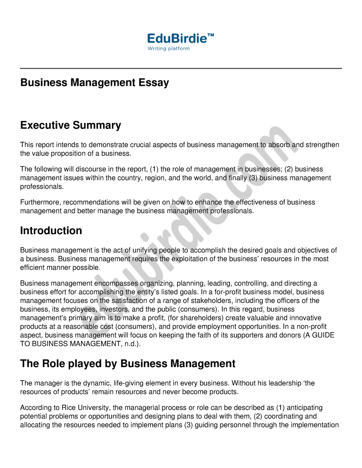 business management extended essay subject report