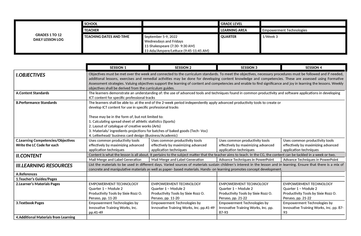 ET Q1 W3 - Lesson Plan - GRADES 1 TO 12 DAILY LESSON LOG SCHOOL GRADE ...