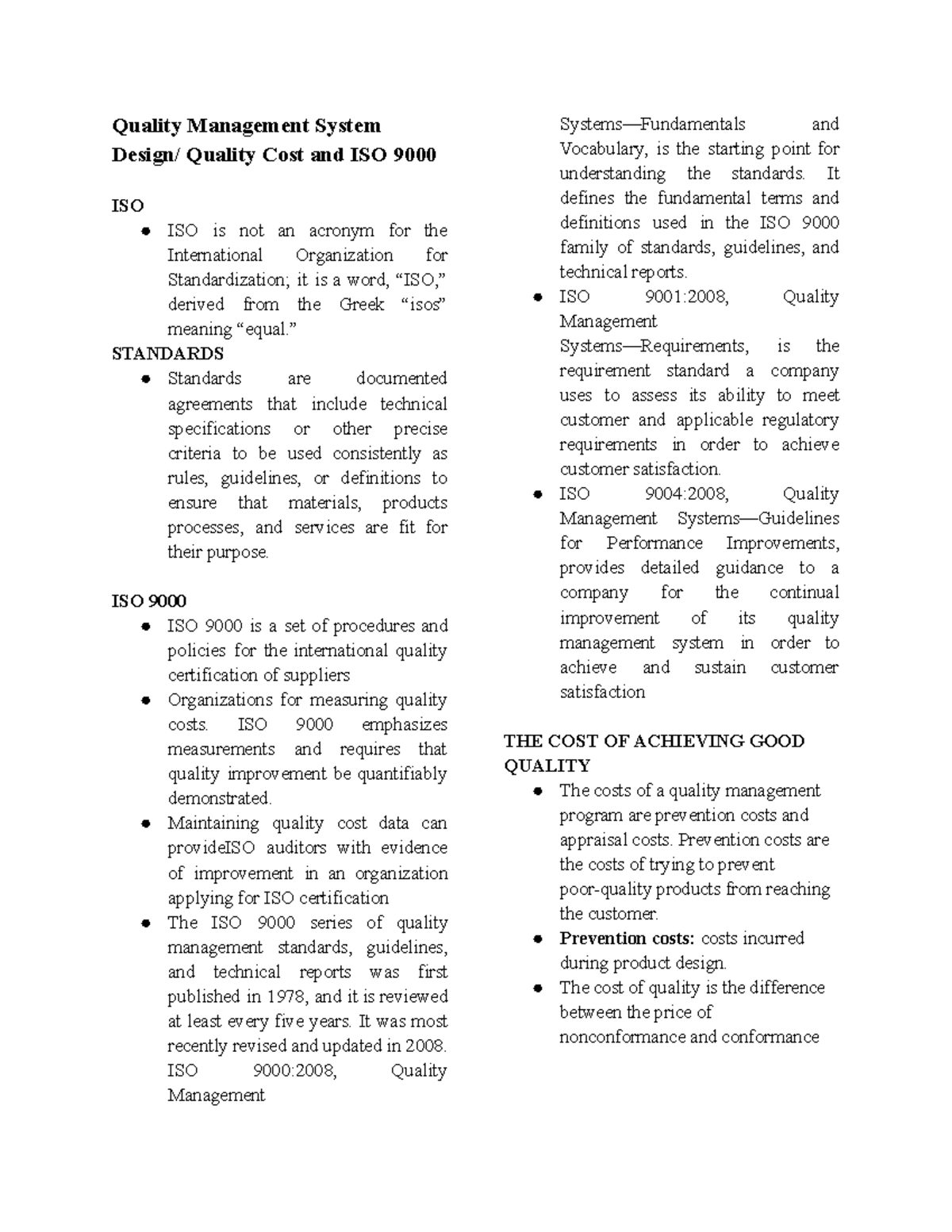 QMS Midterm Quality Management System Design/ Quality Cost and ISO