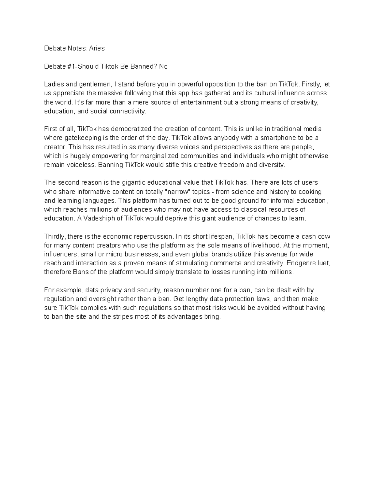 Debate Notes Aries - Debate Notes: Aries Debate #1-Should Tiktok Be ...