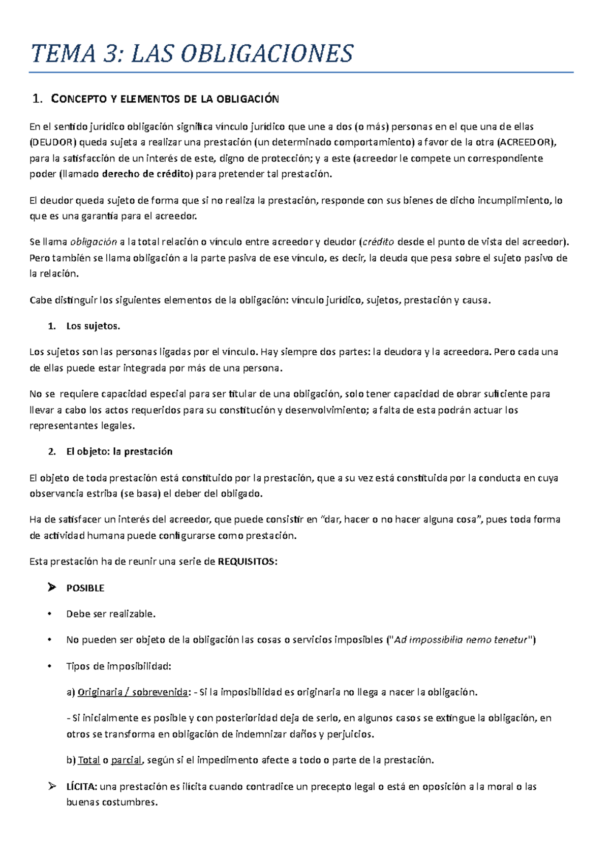 TEMA 3 - Apuntes 3 - TEMA 3: LAS OBLIGACIONES 1. CONCEPTO Y ELEMENTOS ...