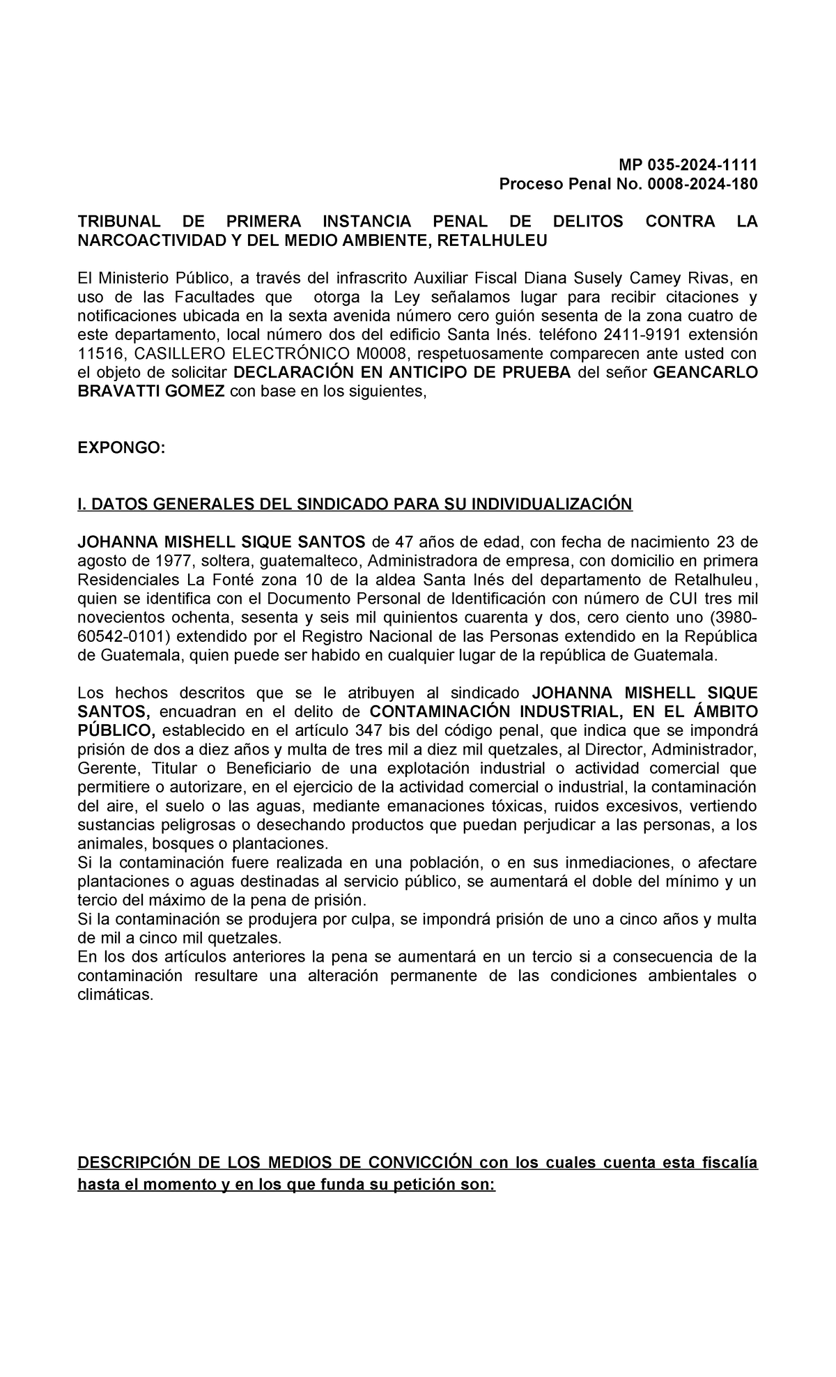 Memorial Declaración Anticipo De Prueba 1 Mp 035 2024 Proceso Penal No 0008 2024 Tribunal 5887