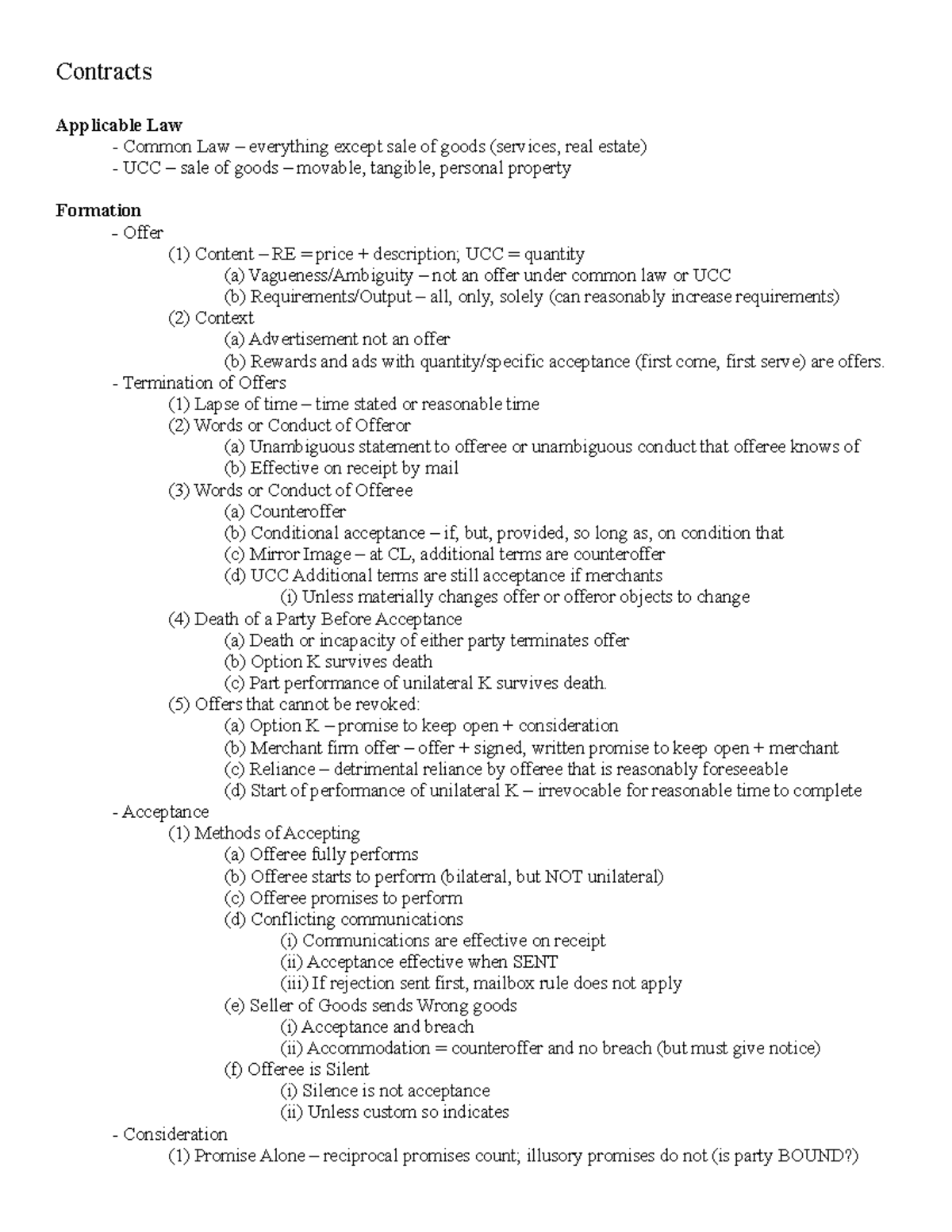  Contracts Outline Contracts Applicable Law Common Law everything except sale of goods