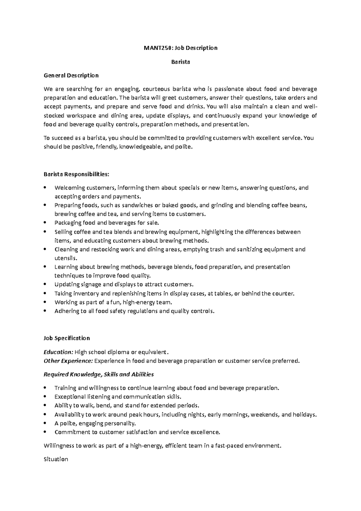 2023 JD Barista - tutorial project - MANT250: Job Description Barista ...