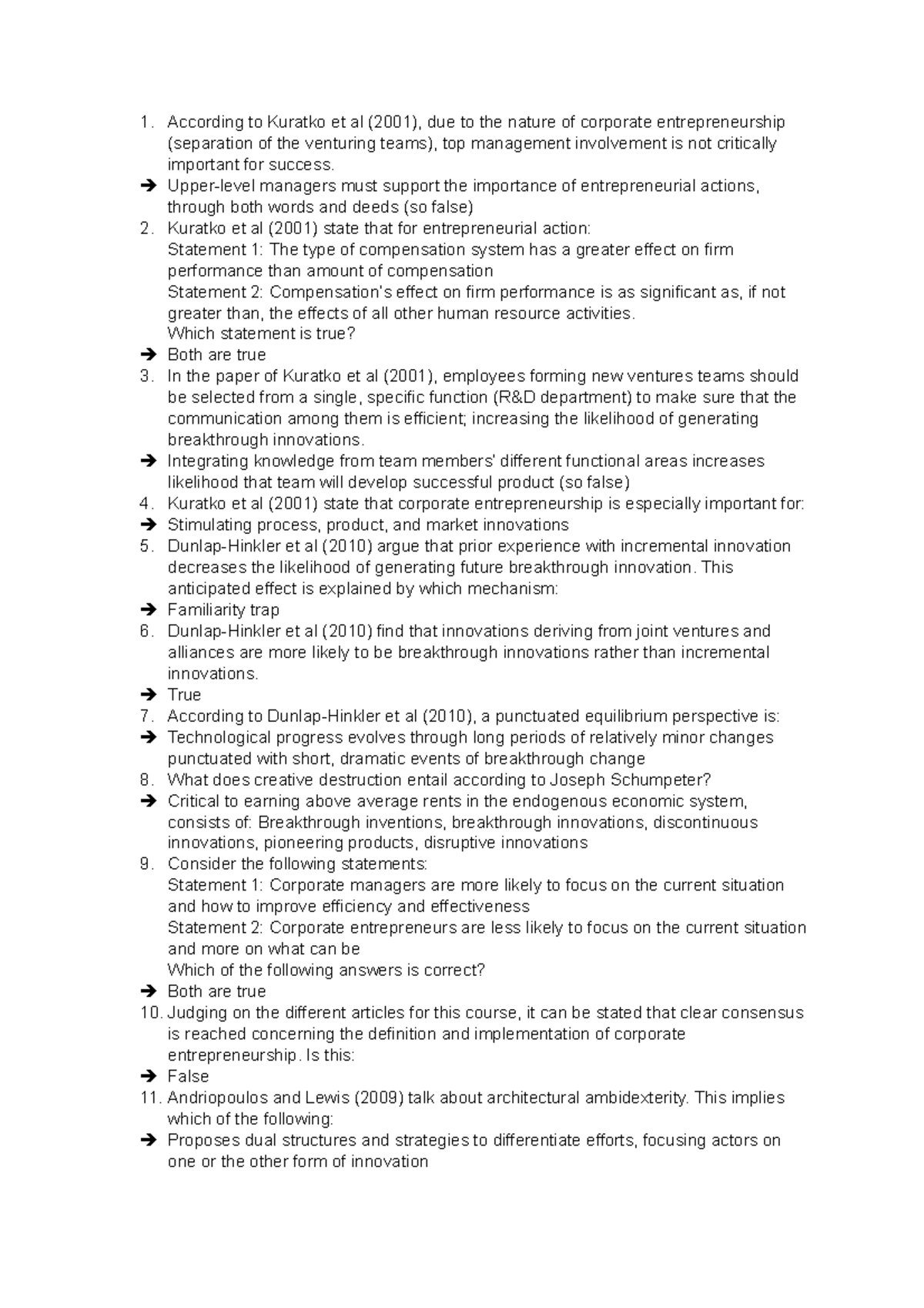 Exam topic 1 and 2 questions and summary awnsers - According to Kuratko ...