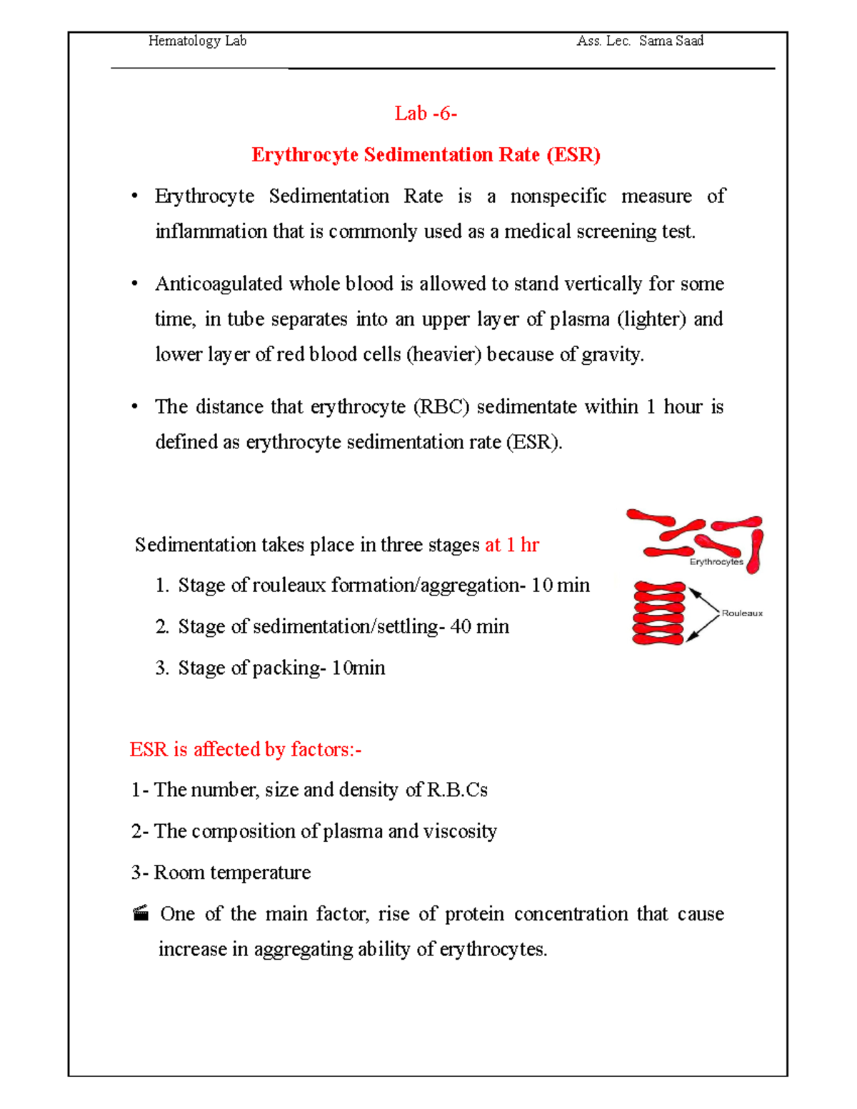 Erythrocyte Sedimentation Rate (ESR) - Lab -6- Erythrocyte ...