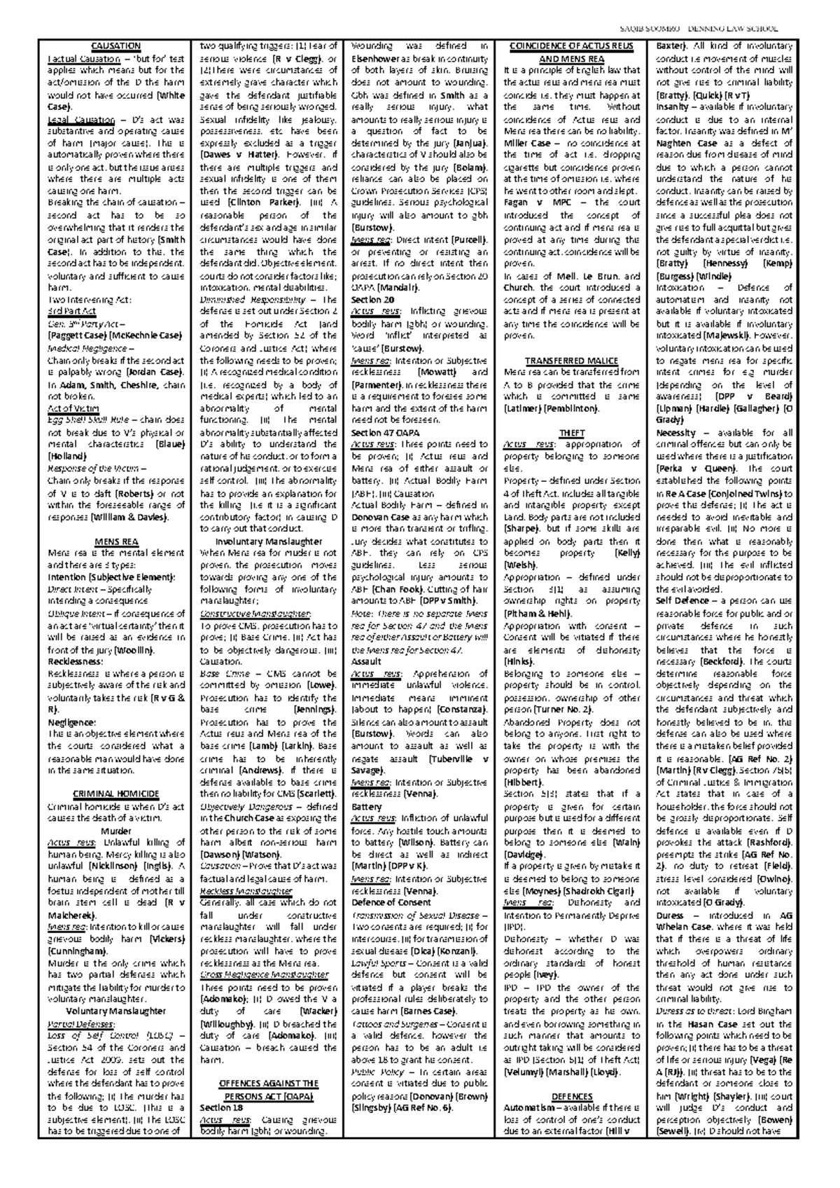 One Pager Notes Criminal - CAUSATION Factual Causation – ‘but for’ test ...