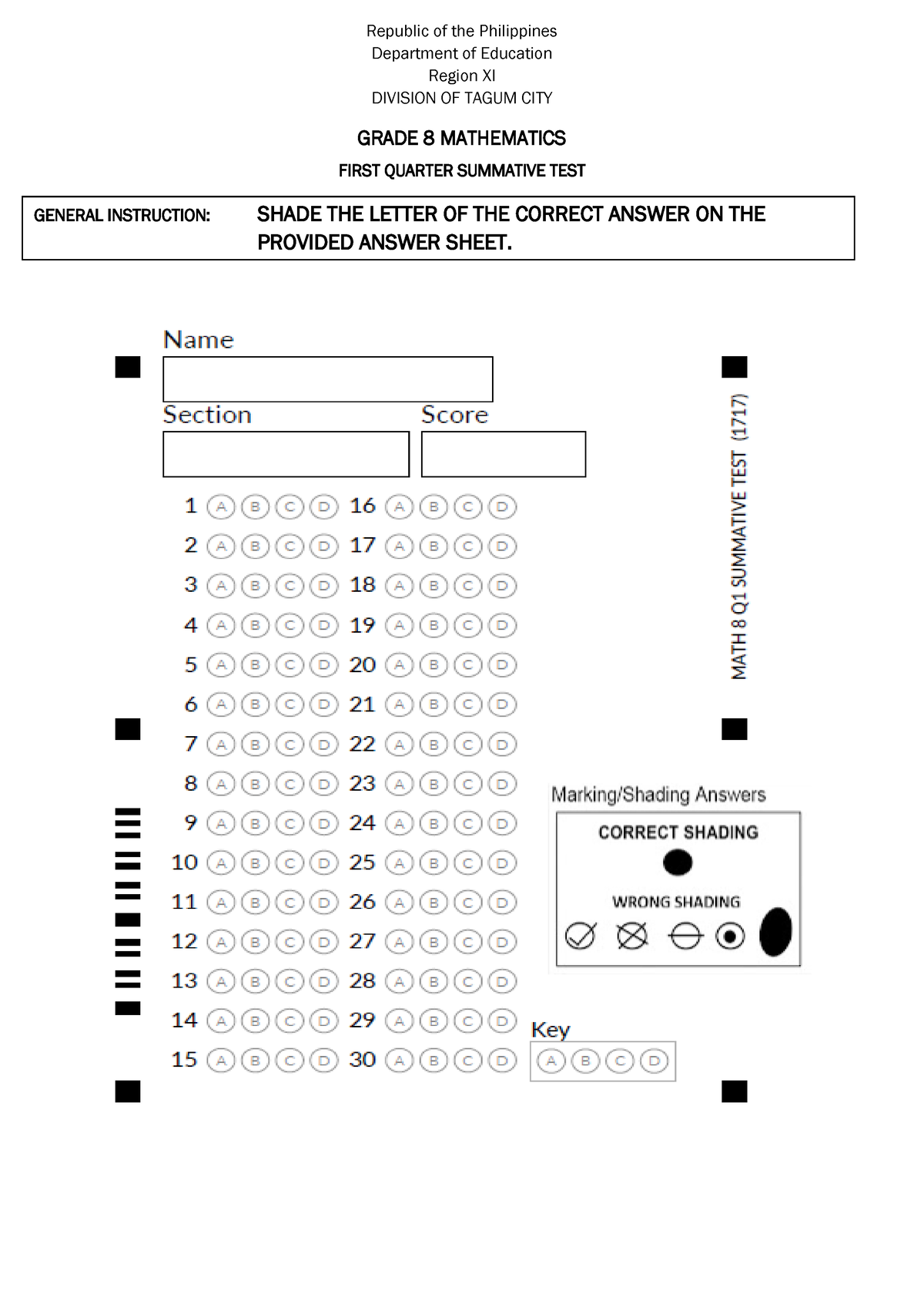 Print This Summative Math 8 Q1 Republic Of The Philippines Department Of Education Region 9837