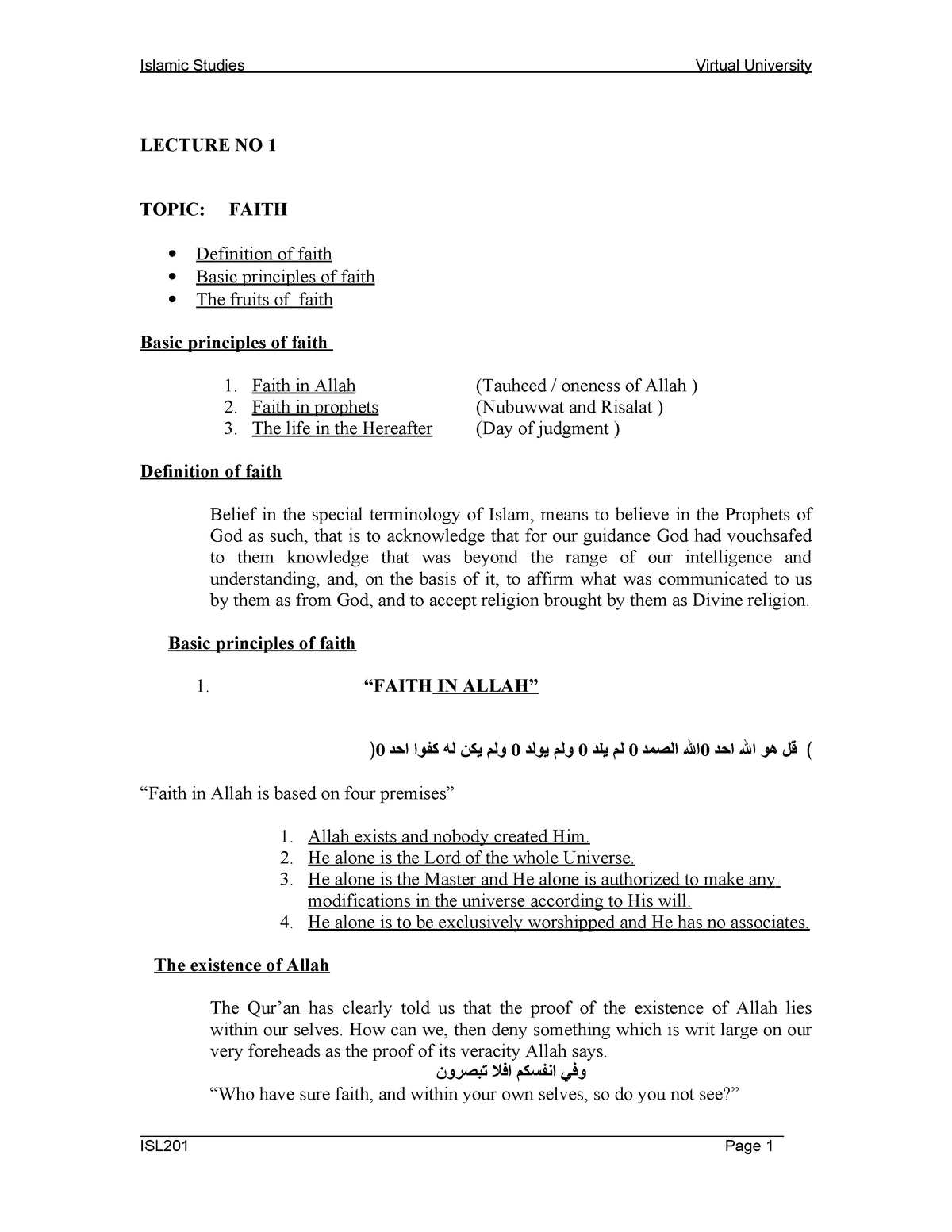 Lecture No 1 - LECTURE NO 1 TOPIC: FAITH Definition Of Faith Basic ...