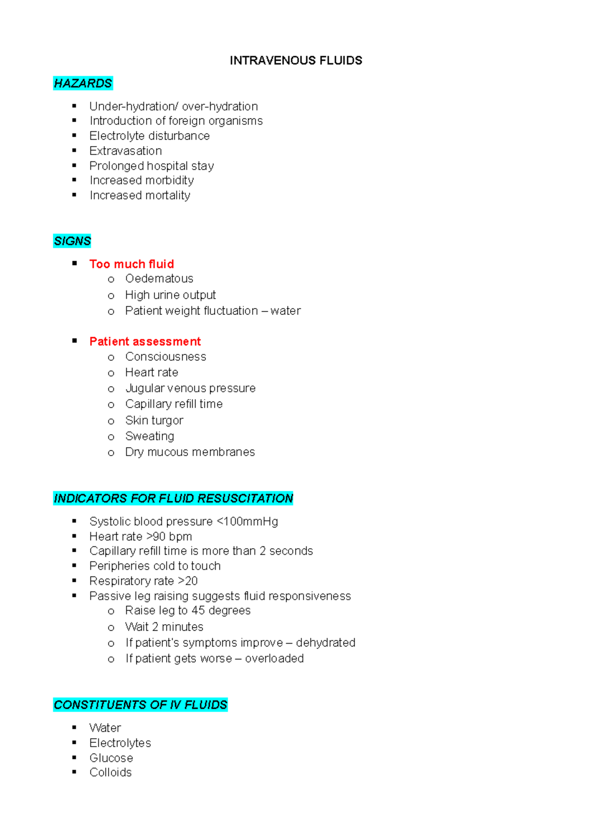 Intravenous Fluids Lecture notes 13 INTRAVENOUS FLUIDS HAZARDS
