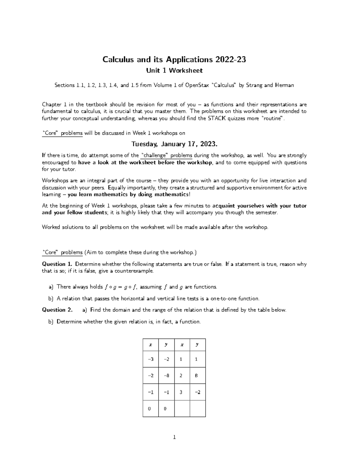 Worksheet 1 - Workshop Questions - Calculus and its Applications 2022 ...