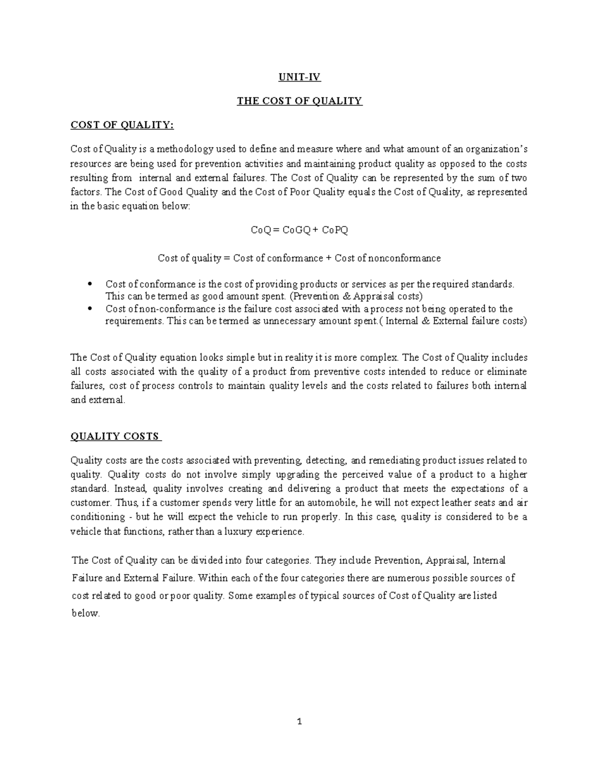 TQM UNITIV Total Quality Management UNITIV THE COST OF QUALITY