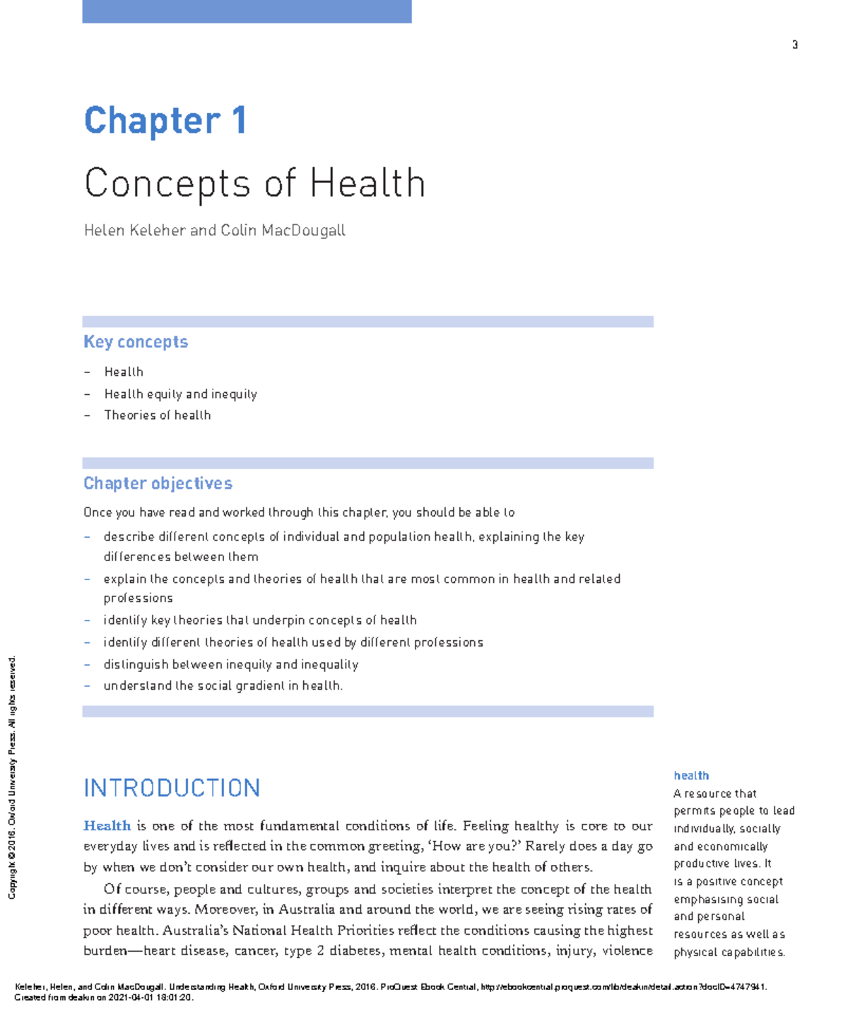 Week 1 Readings - Hbs107 - 3 Chapter 1 Concepts Of Health Helen Keleher ...