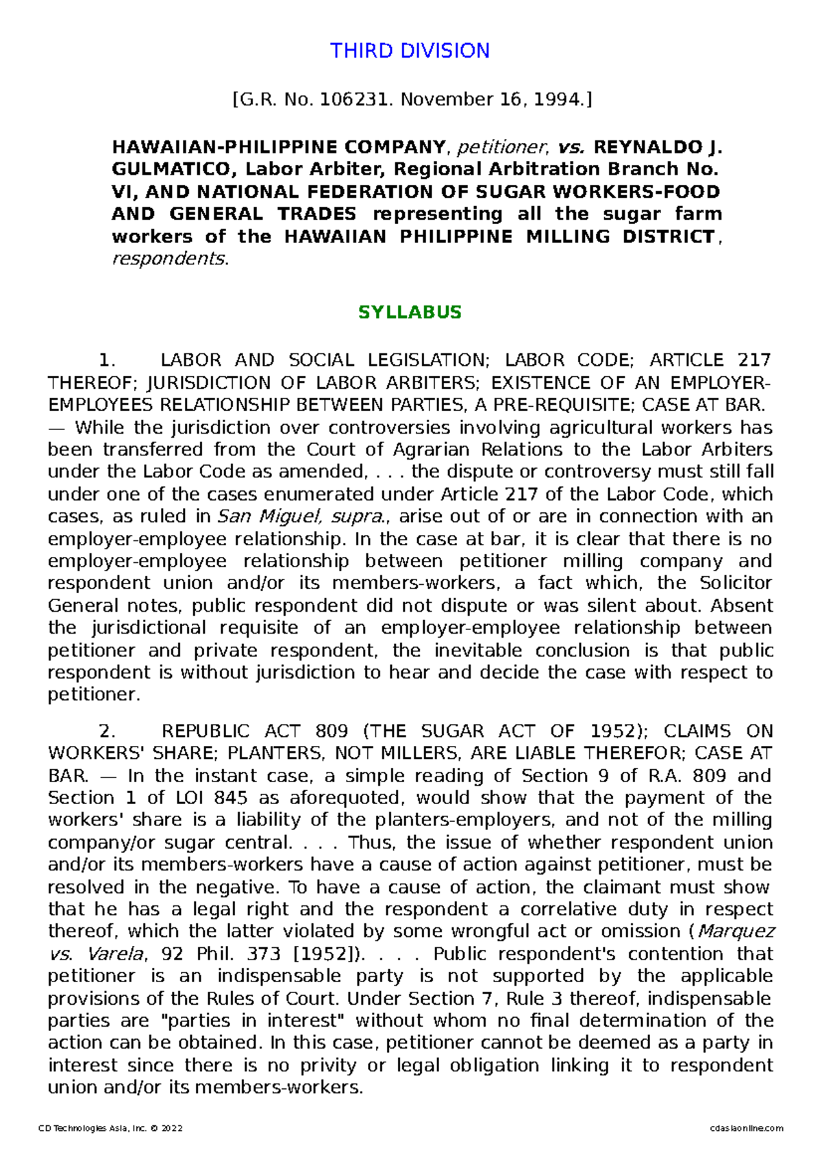 09 Hawaiian- Phil. Company vs. Gulmatico, et al GR No. 106231, Nov. 16 ...