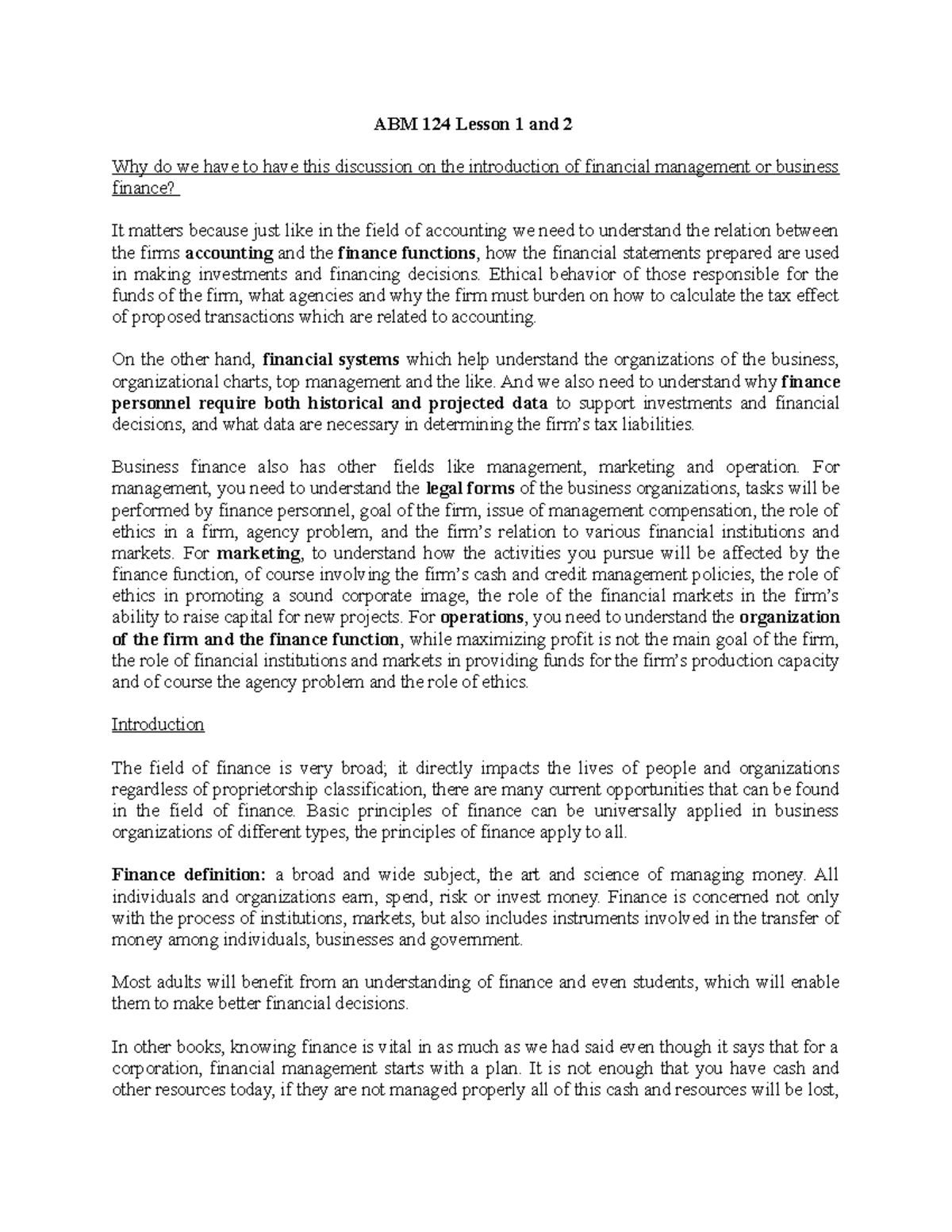 Finance Reviewer 2 ABM 124 Lesson 1 and 2 Why do we have to have this