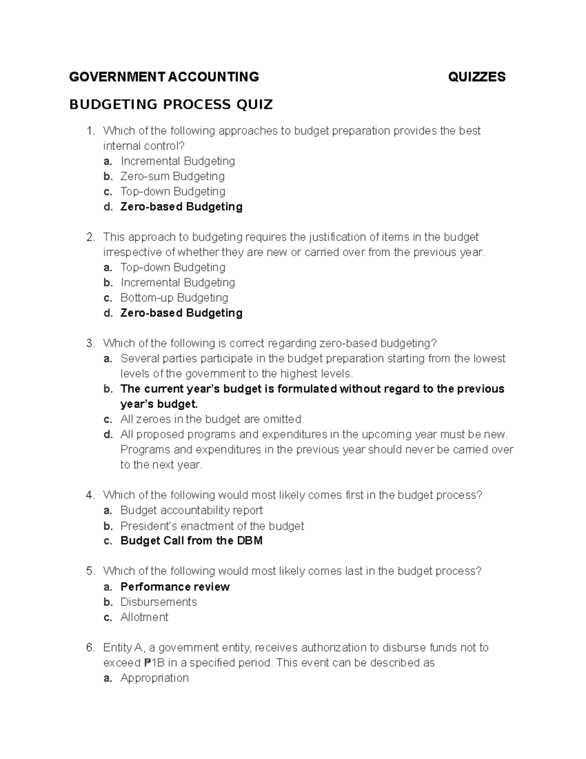 GOV. ACC. Budgeting Process GOVERNMENT ACCOUNTING QUIZZES BUDGETING