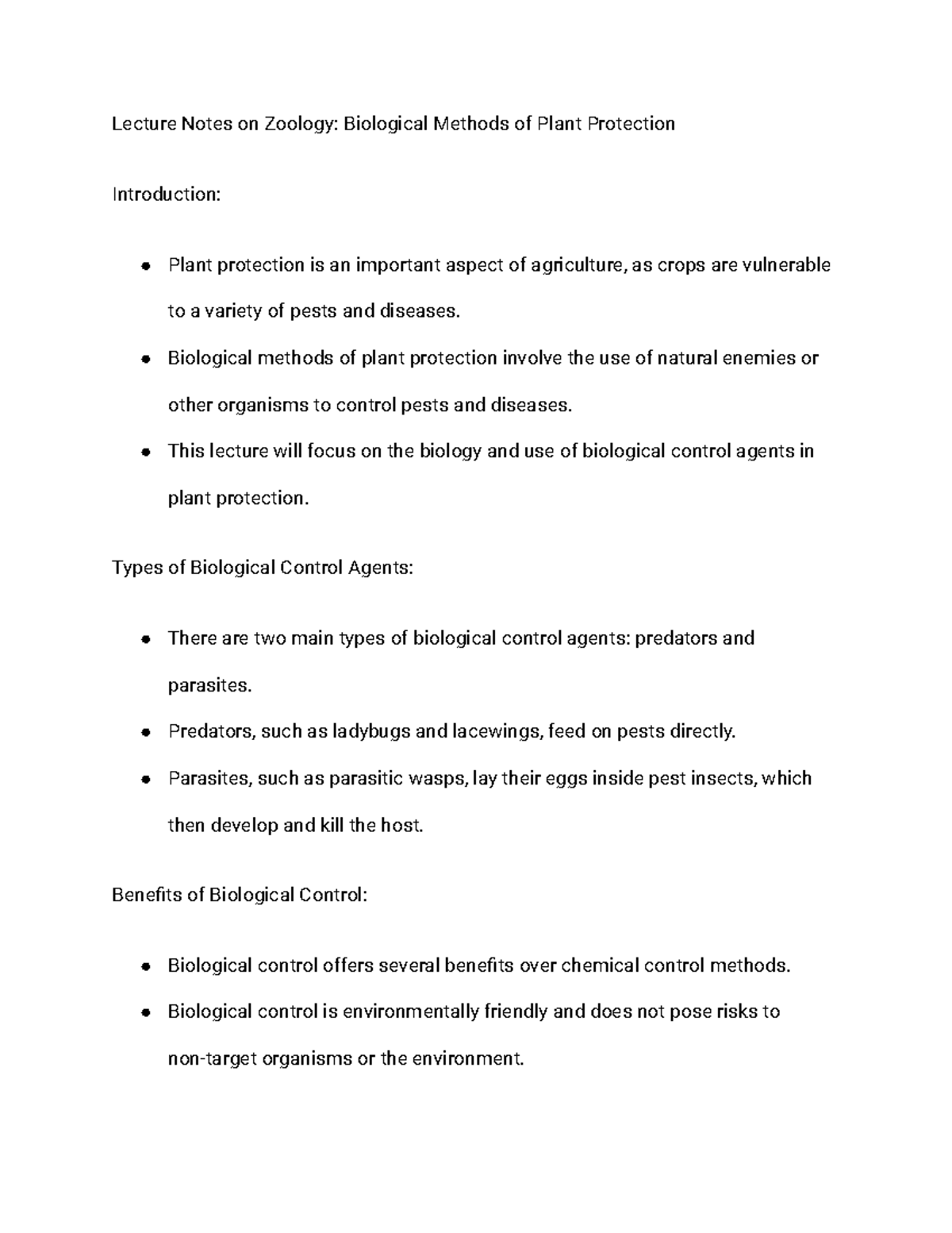 Lecture Notes on Zoology Biological Methods of Plant Protection Lecture Notes on Zoology