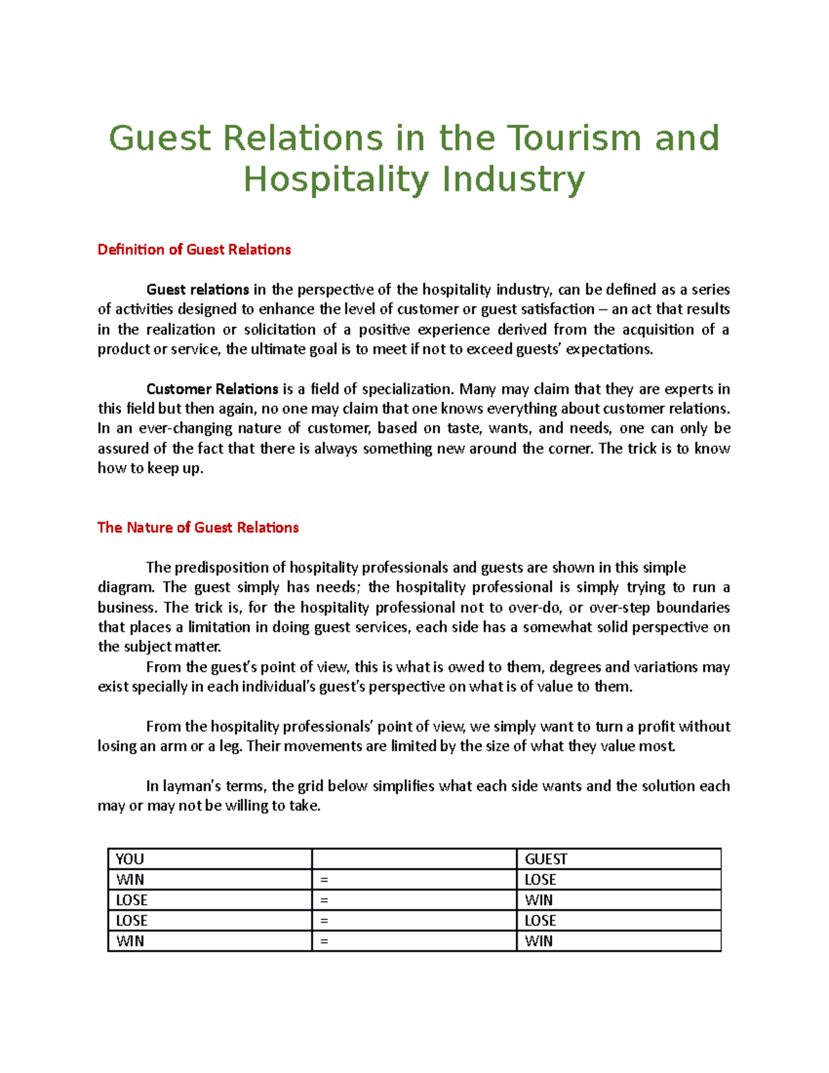 Guest Relations in the Tourism and Hospitality Industry International
