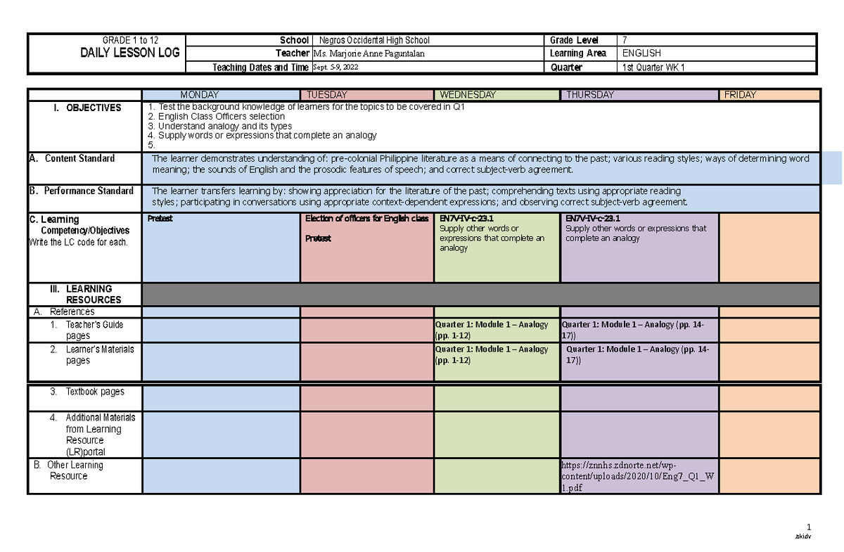 Dll grade 7 lesson 1 quarter 1 - 1 Jski GRADE 1 to 12 DAILY LESSON LOG ...