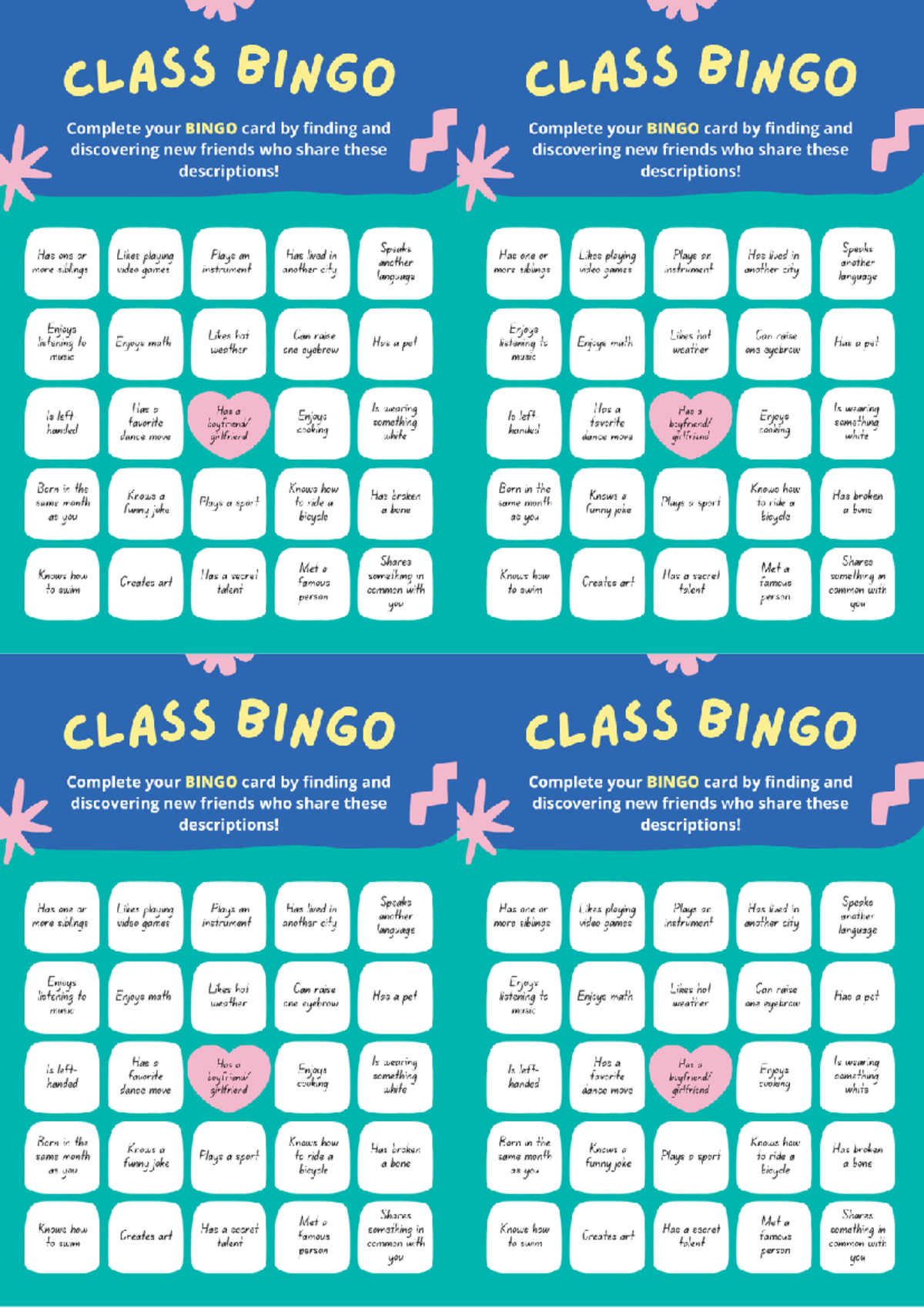 Class Bingo - Activity - CLASS BINGO CLASS BINGO Complete your BINGO ...