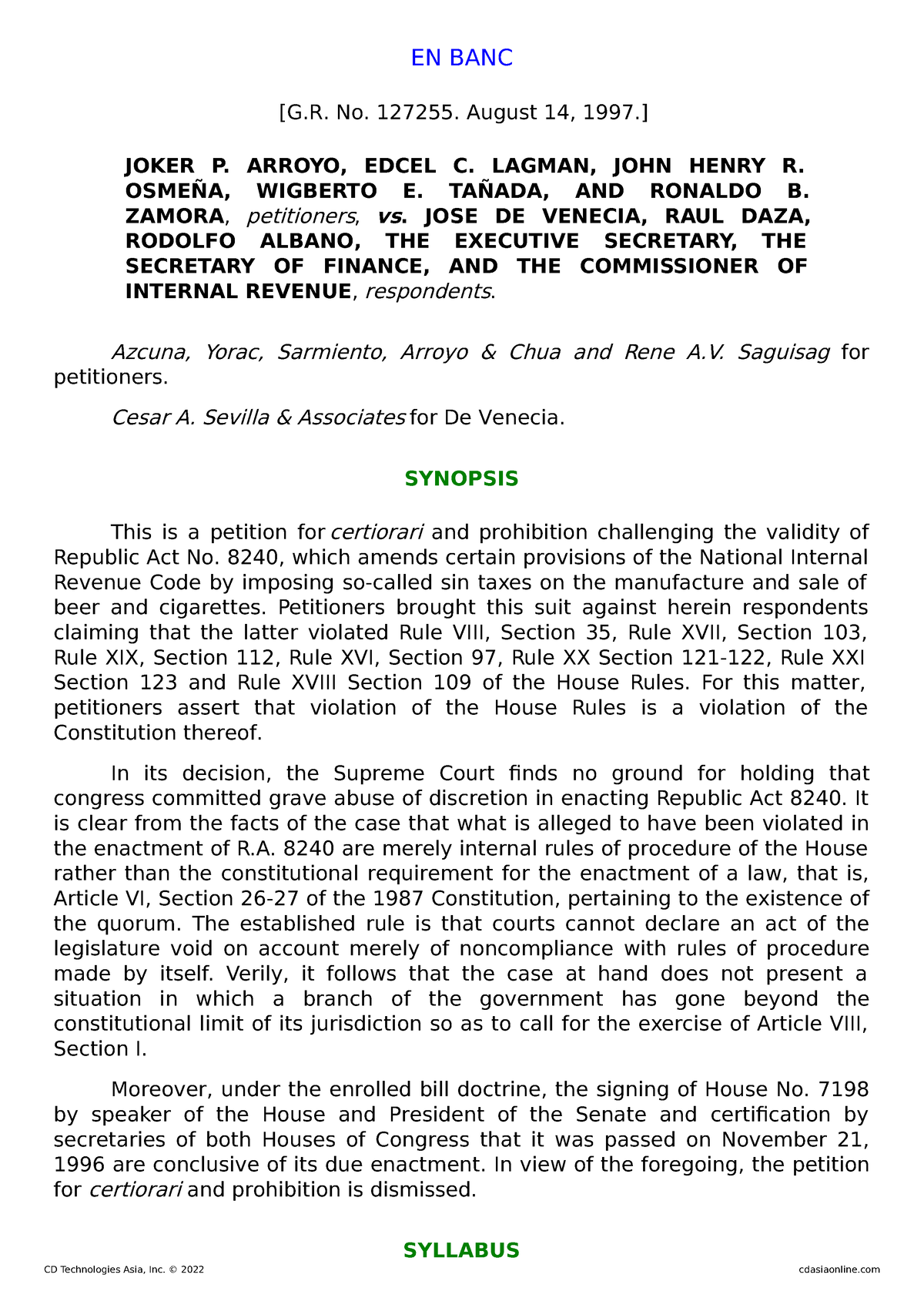 125541-1997-Arroyo V - Law - EN BANC [G. No. 127255. August 14, 1997 ...