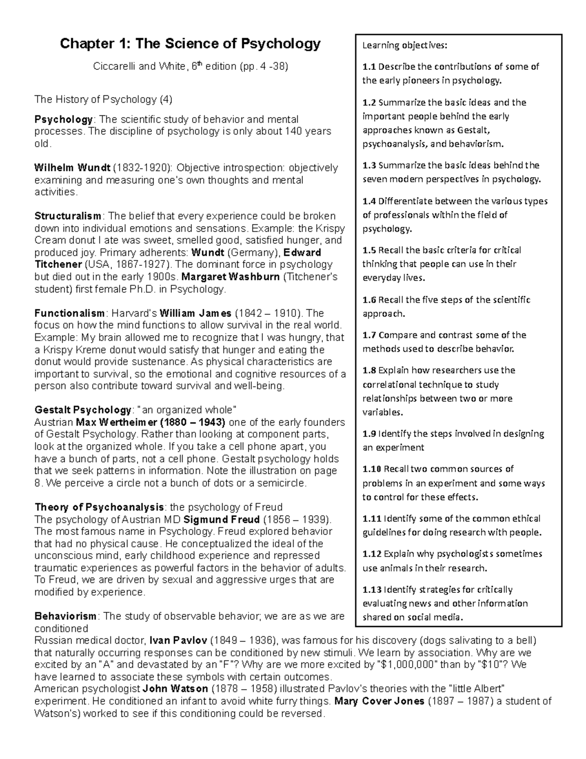 Ciccarelli Chapter 1 notes final - Chapter 1: The Science of Psychology ...