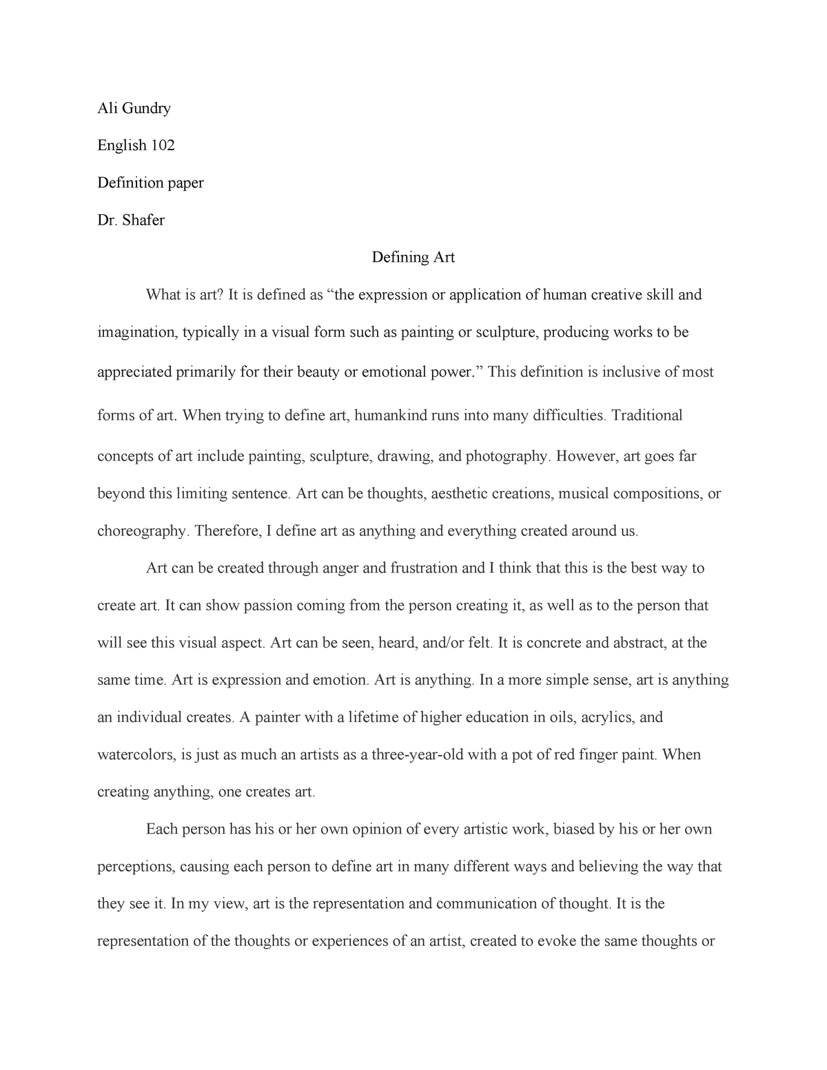 what is your definition of art essay