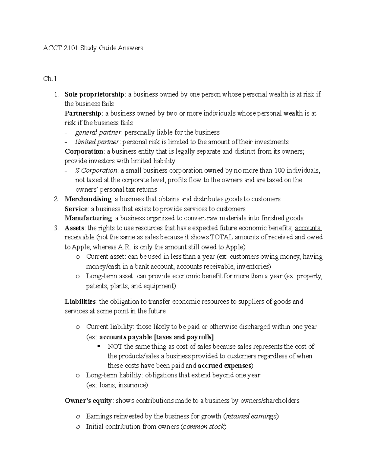 ACCT 2101 Study Guide Answers - Sole proprietorship: a business owned ...