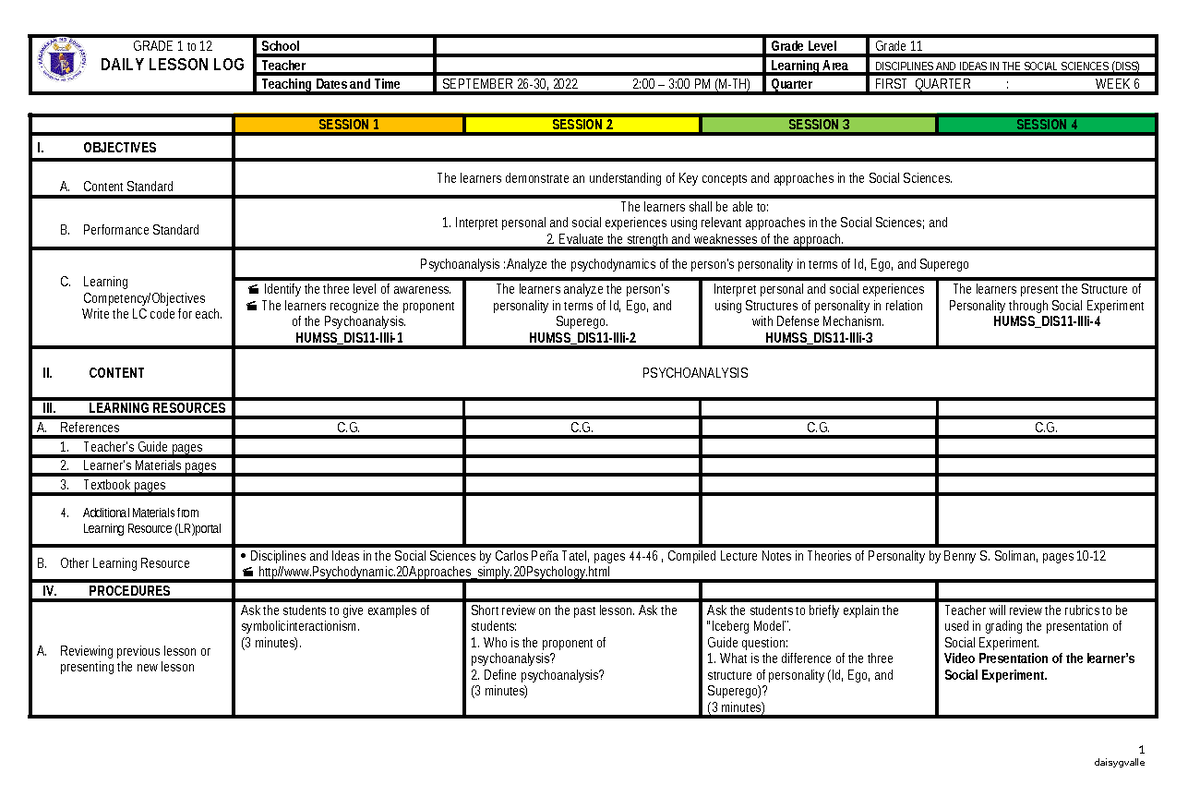 Week 6 Lesson Plan - GRADE 1 to 12 DAILY LESSON LOG School Grade Level ...
