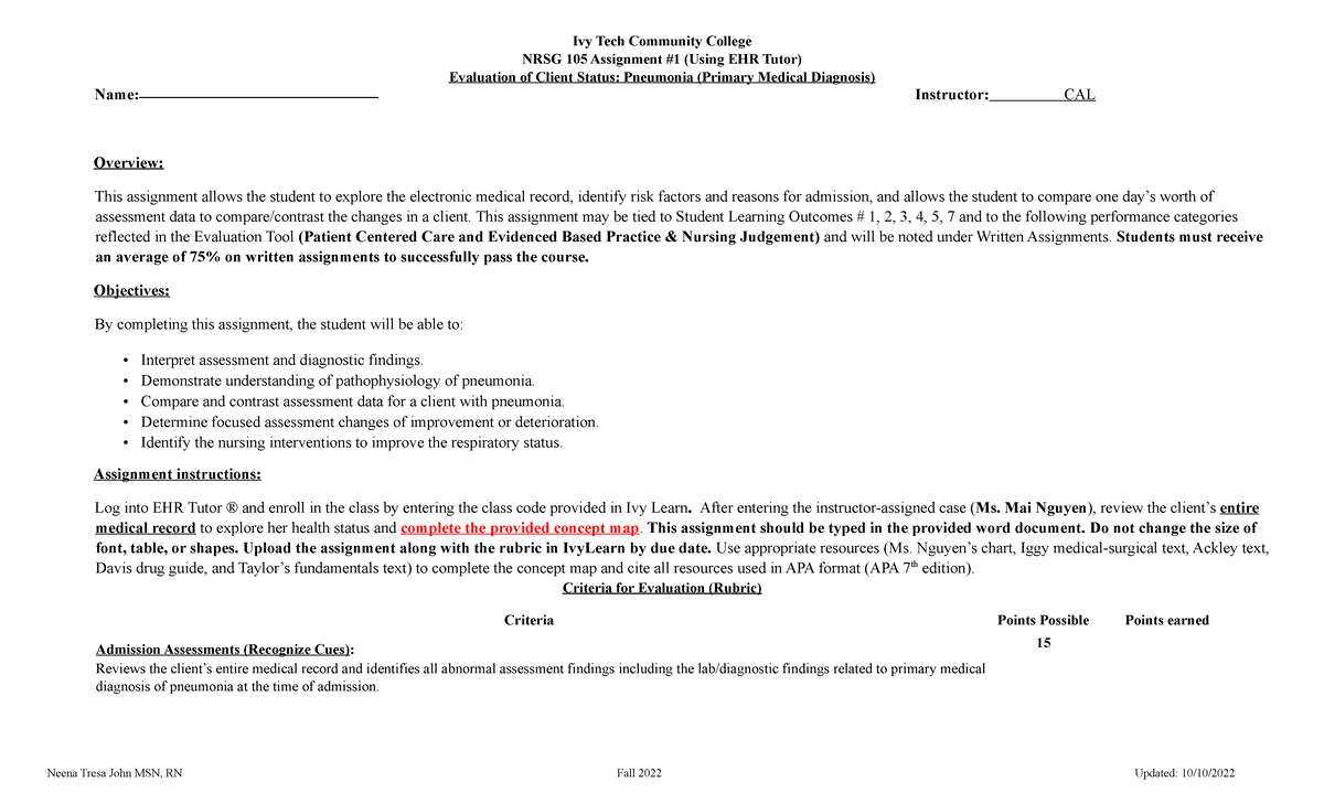 Assign 1 NRSG 105 Assignment 1 (Using EHR Tutor) Evaluation of