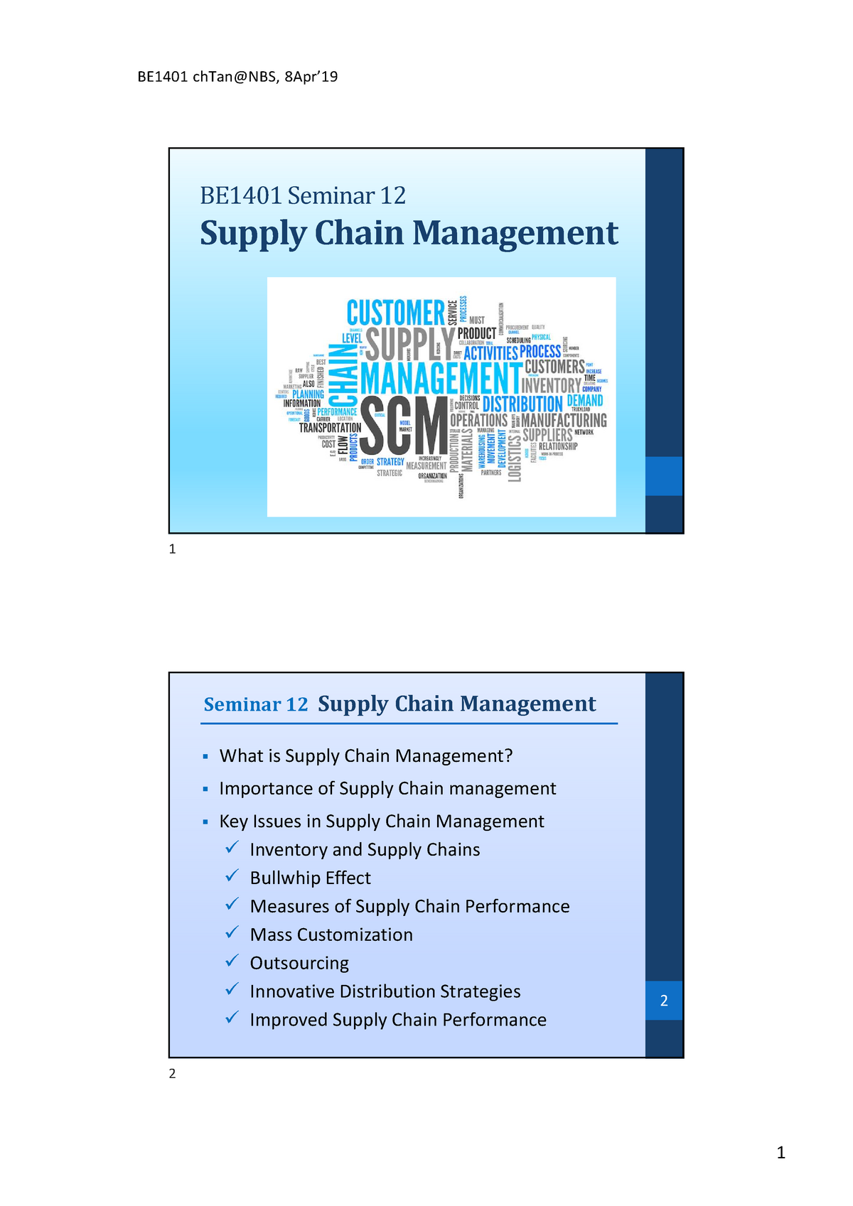 BE1401 Seminar 12 Supply Chain Mgmt 8Apr'19 (color) - BE14-1 Seminar 1 ...