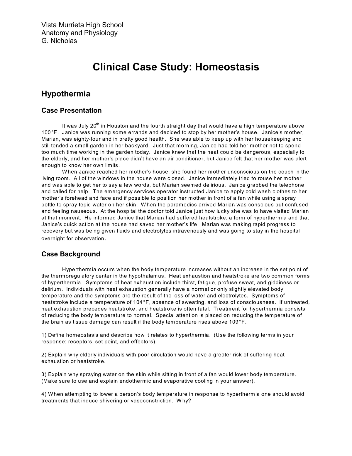 clinical case study homeostasis