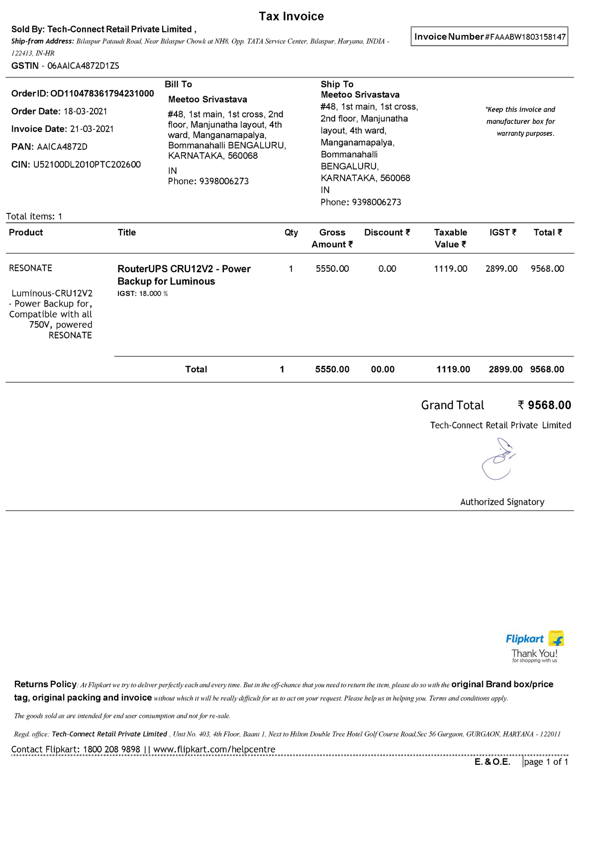 Invoice UPS - document - Sold By: Tech-Connect Retail Private Limited ...