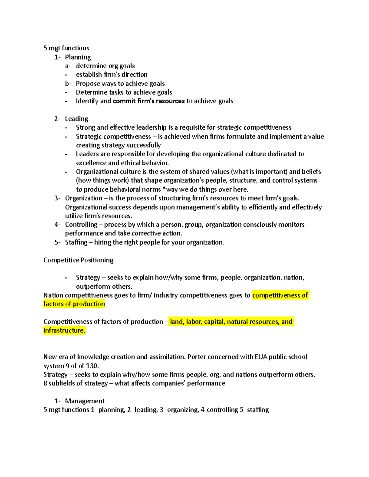 Summary Exam 1 - Strategic Mgt - 5 mgt functions 1- Planning a ...