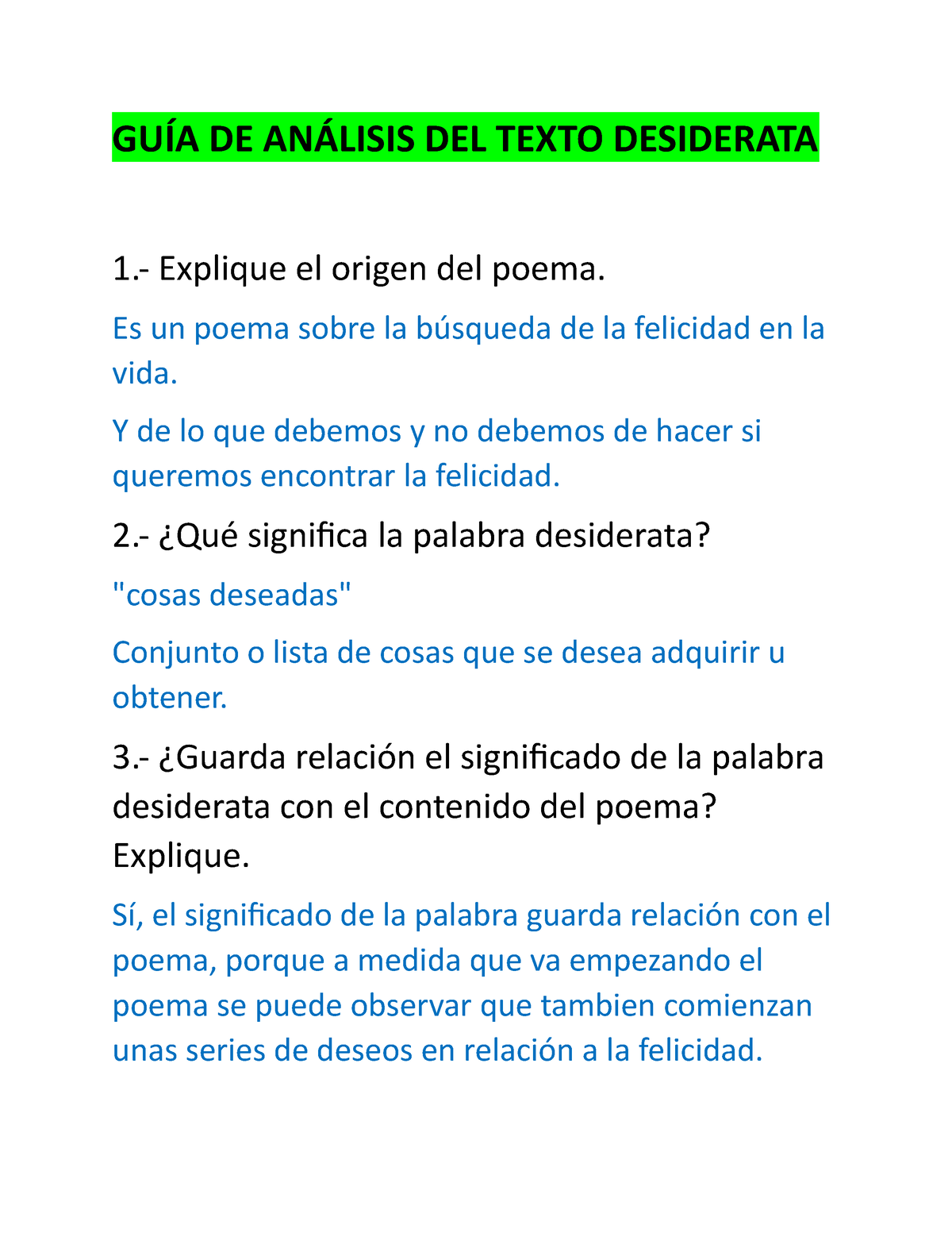 GU A DE An lisis DEL Texto Desiderata GU A DE AN LISIS DEL TEXTO