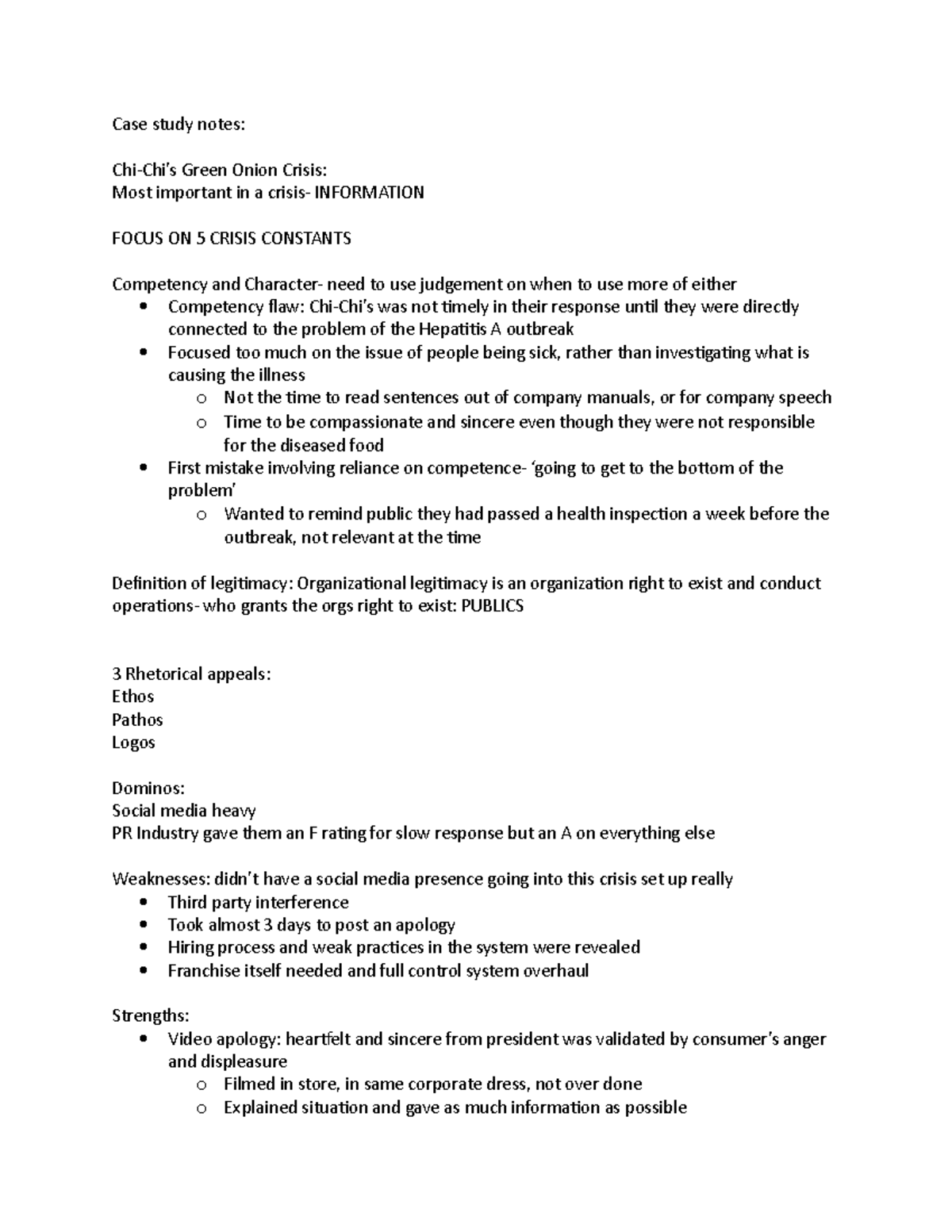 Fundamentals Case study notes - Case study notes: Chi-Chi’s Green Onion ...